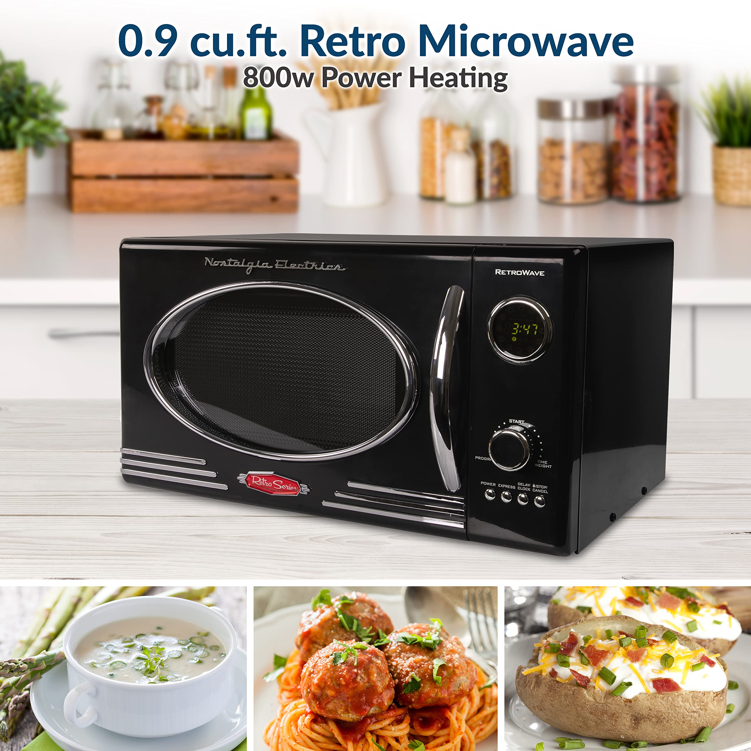 Nostalgia Rmo4Bk Retro 0.9 Cubic Foot 800-Watt Countertop Microwave Oven, 5 Power Levels And 12 Cook Settings, Led Display, Jet