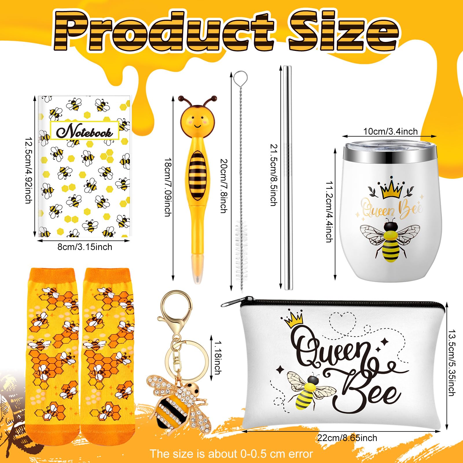 Panitay 6 Pcs Bee Themed Gifts Set For Women Bee Socks Bee Stainless Steel Tumbler 12 Ounce With Straw And Brush Bee Cosmetic Ba