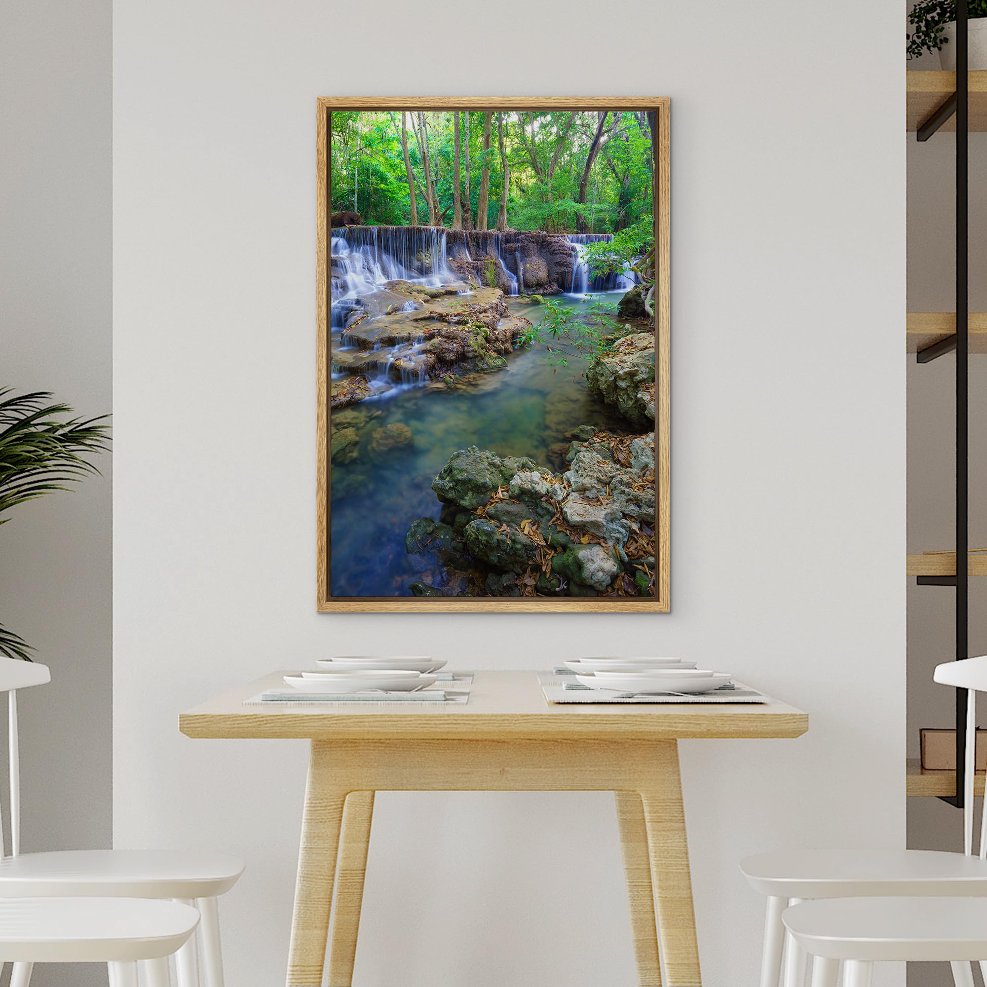 Wall26 Framed Canvas Print Wall Art Forest River & Waterfall In Thailand Floral Plants Photography Realism Rustic Scenic Colorfu