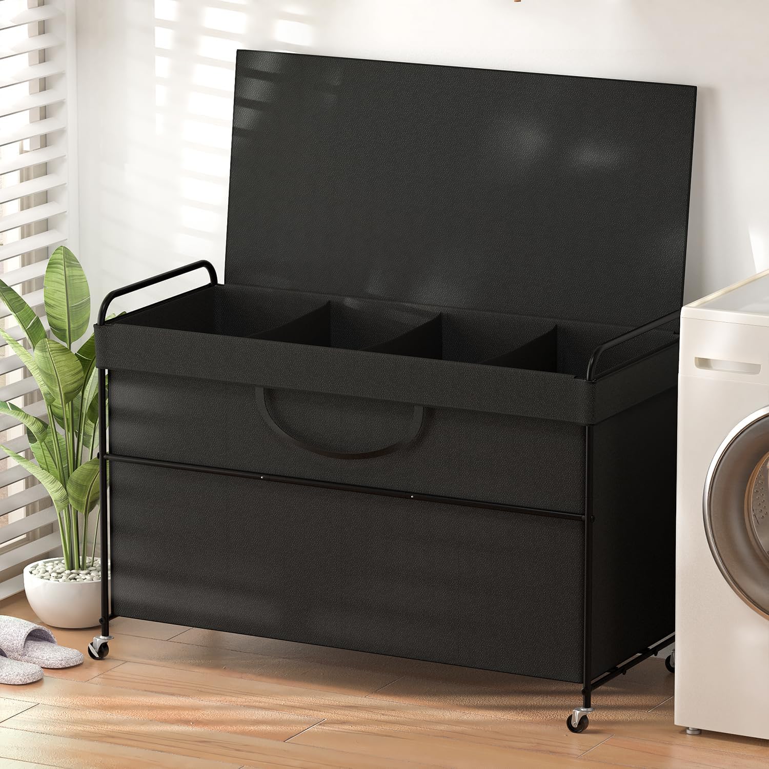 Ykdirect 240L Large Laundry Hamper, 4-Section Laundry Basket With Lid, Removable Bag & Metal Structure With Industrial Wheels, S