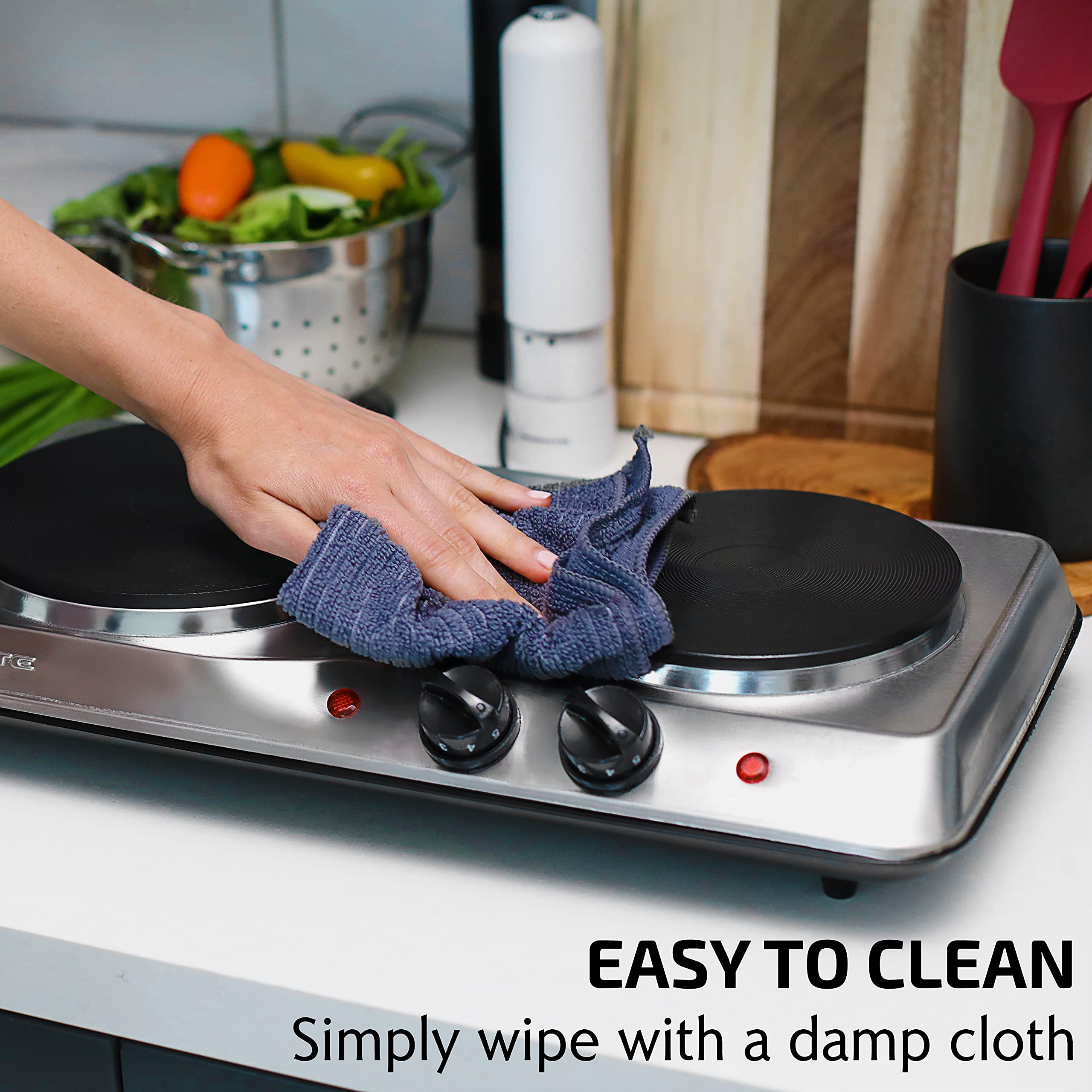 Ovente Electric Countertop Double Burner, 1700W Cooktop With 7.25 And 6.10 Cast Iron Hot Plates, Temperature Control, Portab
