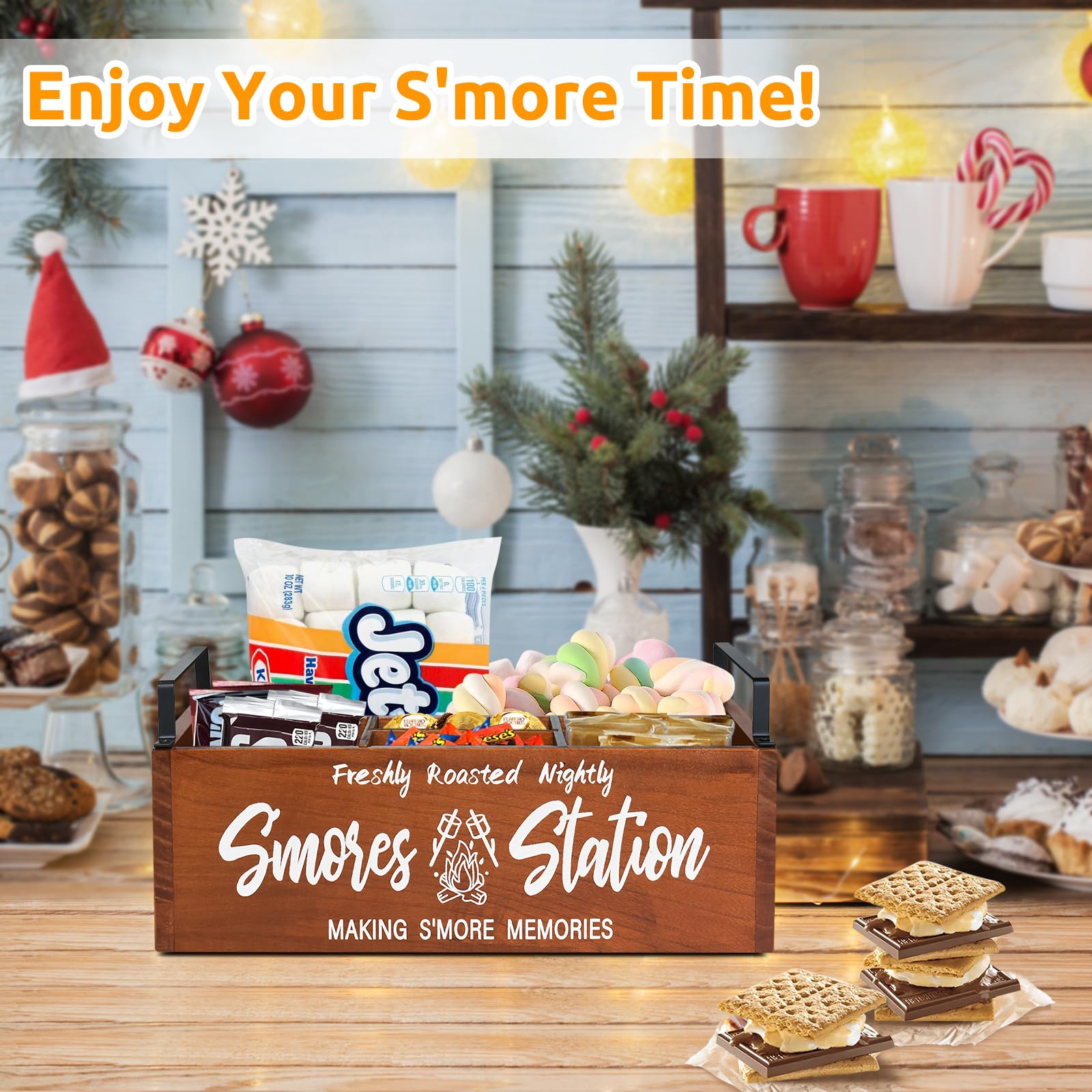Wooden S mores Station, S mores Caddy Bar Holder with Handles for Counter, Farmhouse Smores Serving Tray for Kitchen, Smores Mak