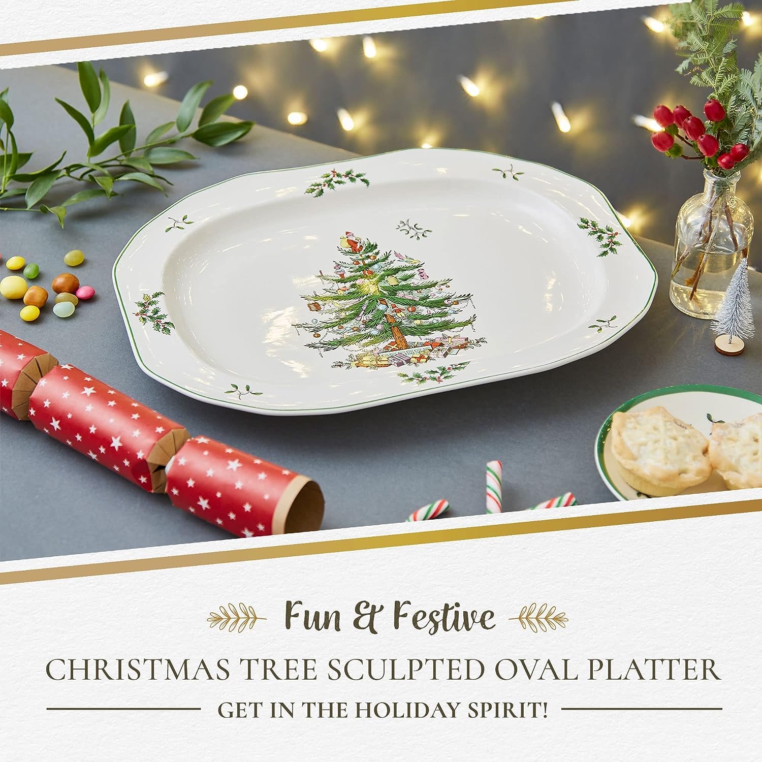 Spode Christmas Tree Sculpted Octagonal Platter, 14-Inch Holiday Serving Platter for Meats, Cheeses & Desserts, Dishwasher & Mic