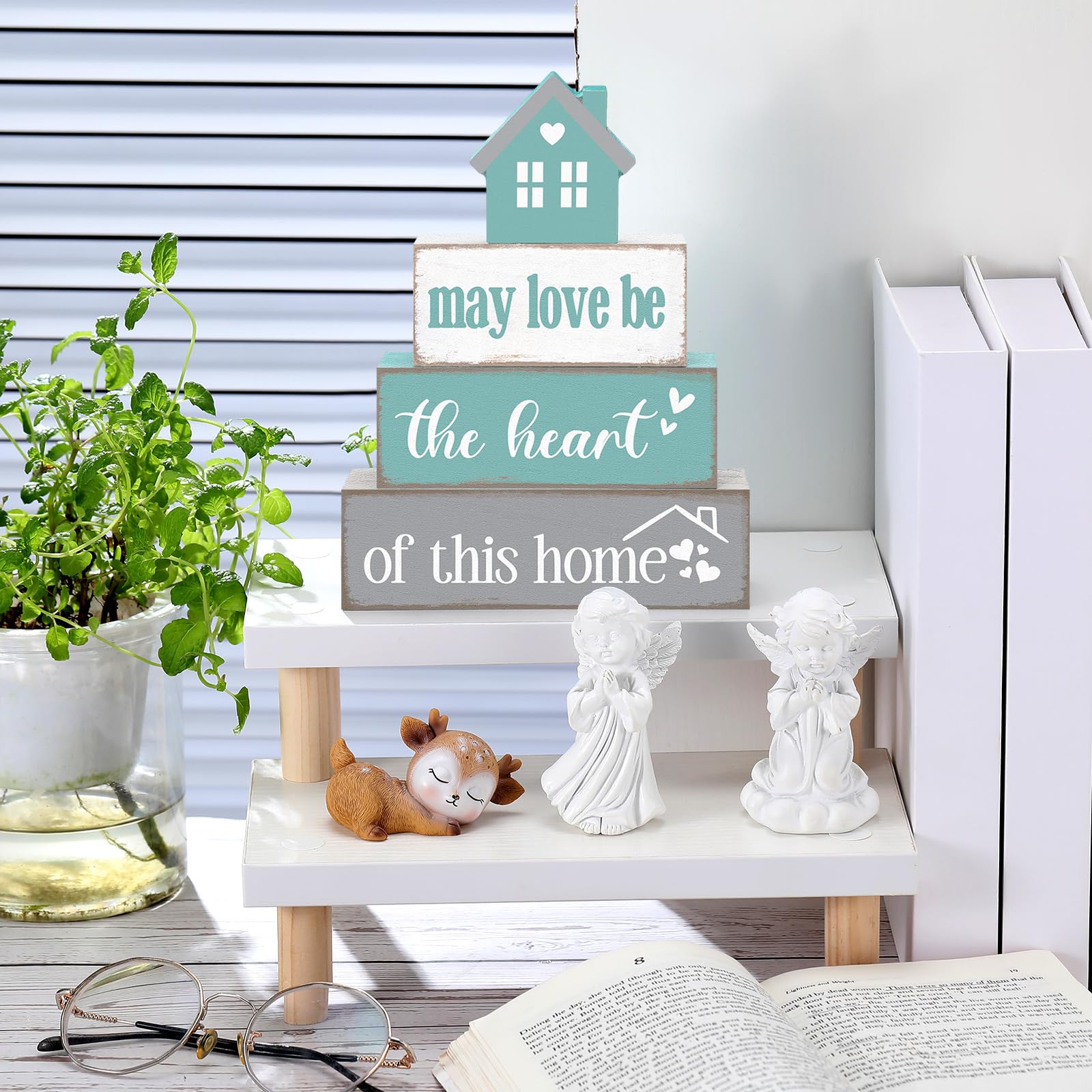 Cinnvoice Farmhouse Wooden Tabletop Decor Home Tiered Tray Decor Rustic Pastel May Be Love The Heart of This Home Wood Sign Neut