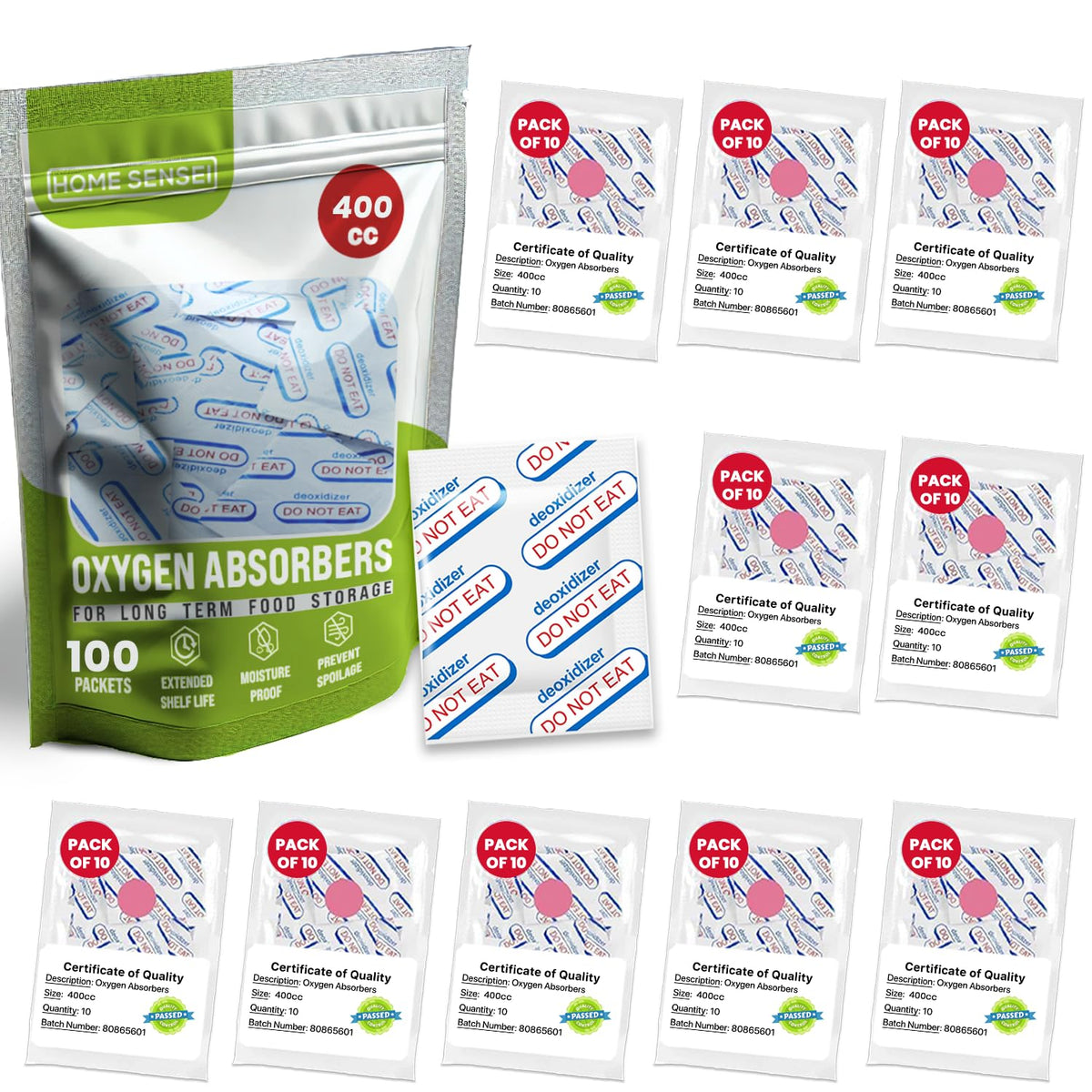 400Cc Oxygen Absorbers For Food Storage 100 Pack - Sealed Packs Of 10 For Freshness - Ideal For Mylar Bags, Mason Jars, And Free