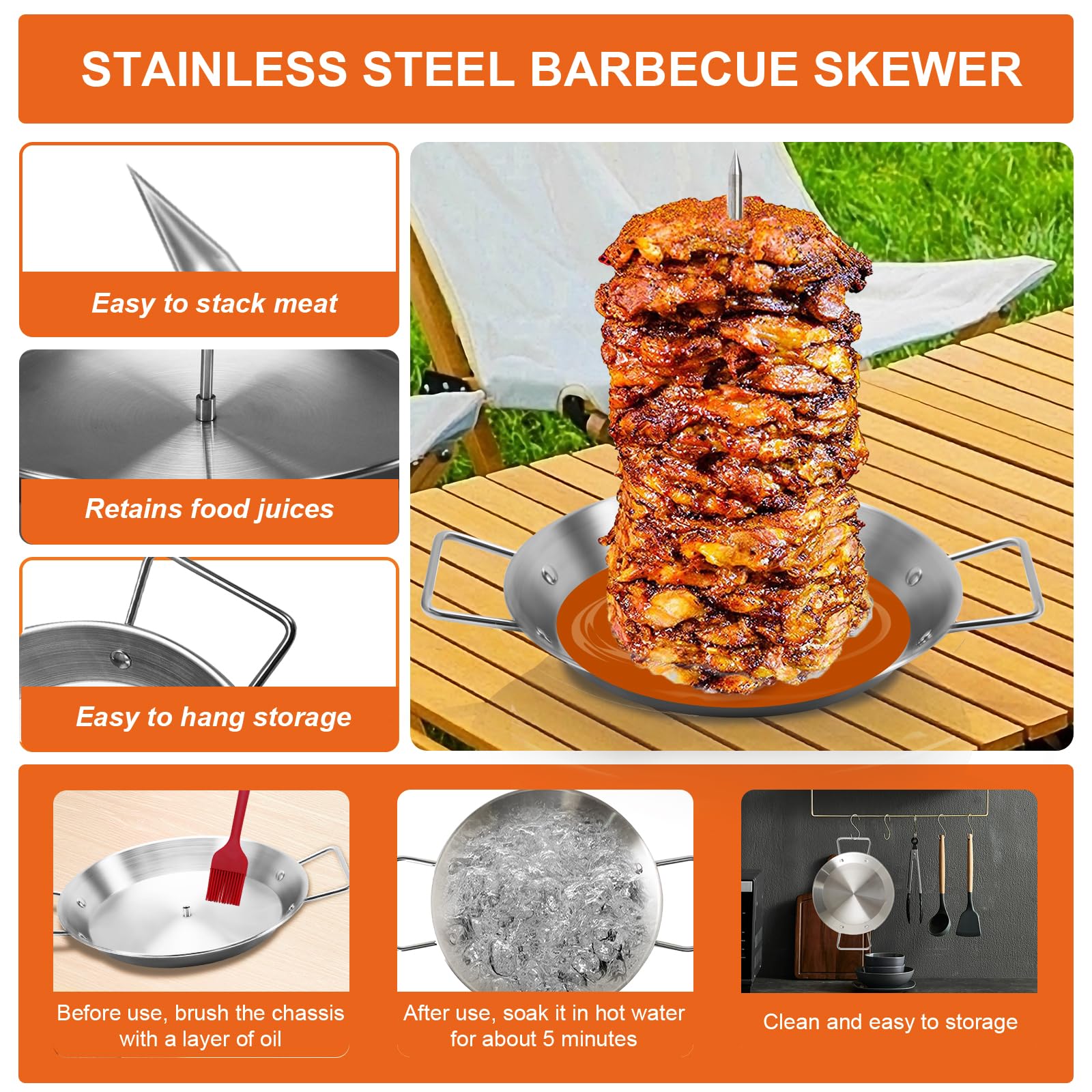 Al Pastor Skewer For Grill, Stainless Steel Vertical Skewer, Brazilian Vertical Spit Stand With 3 Removable Spikes(8   /10''/12