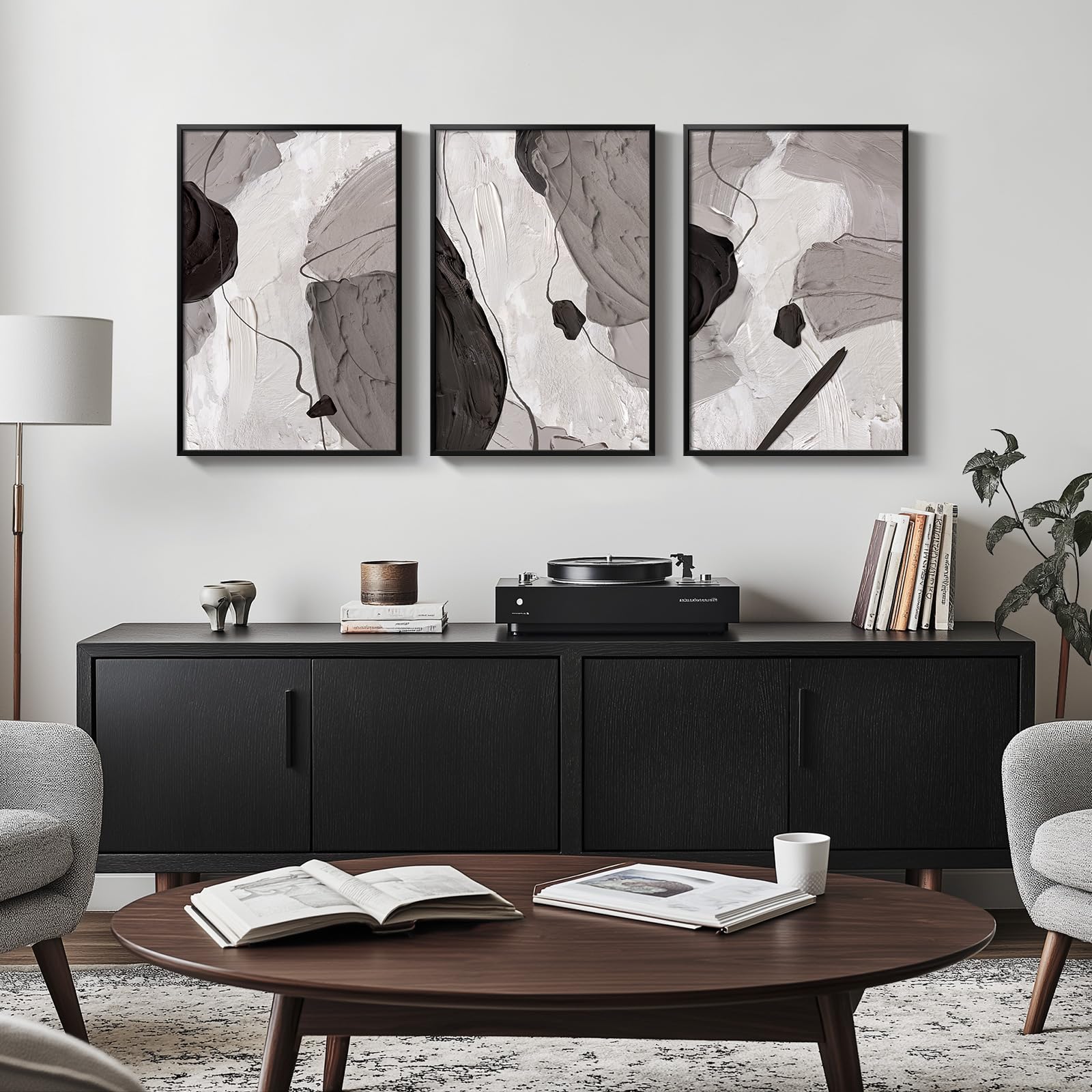 Large Framed Black And White Grey Abstract Wall Art For Living Room, Set Of 3 Piece Modern Minimalist Canvas Paintings Artwork F