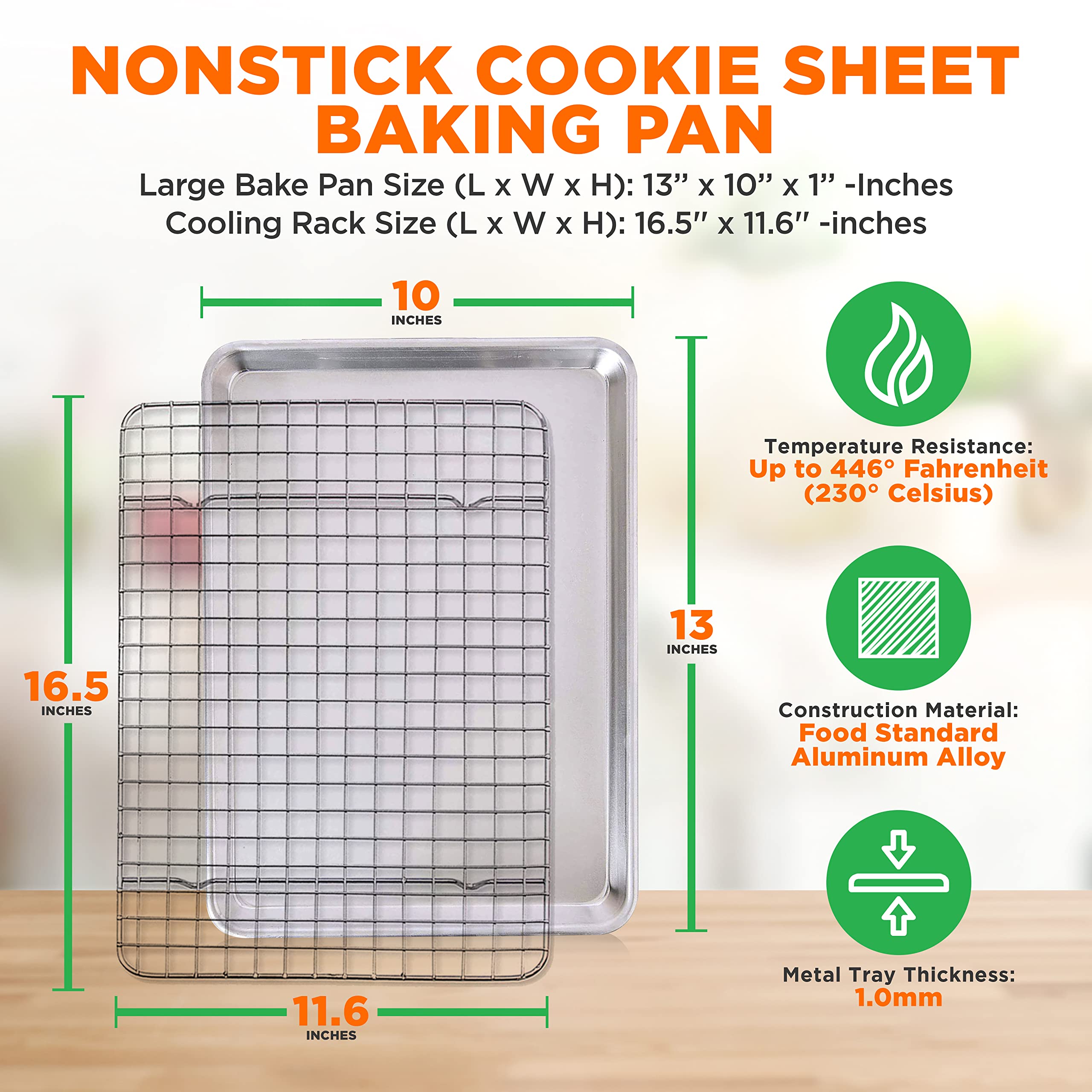 Nutrichef Aluminum Baking Sheet W/ Cooling Rack - Thick & Durable Cookie Sheet Tray For Baking Pastries, Cookies, Bacon, & More