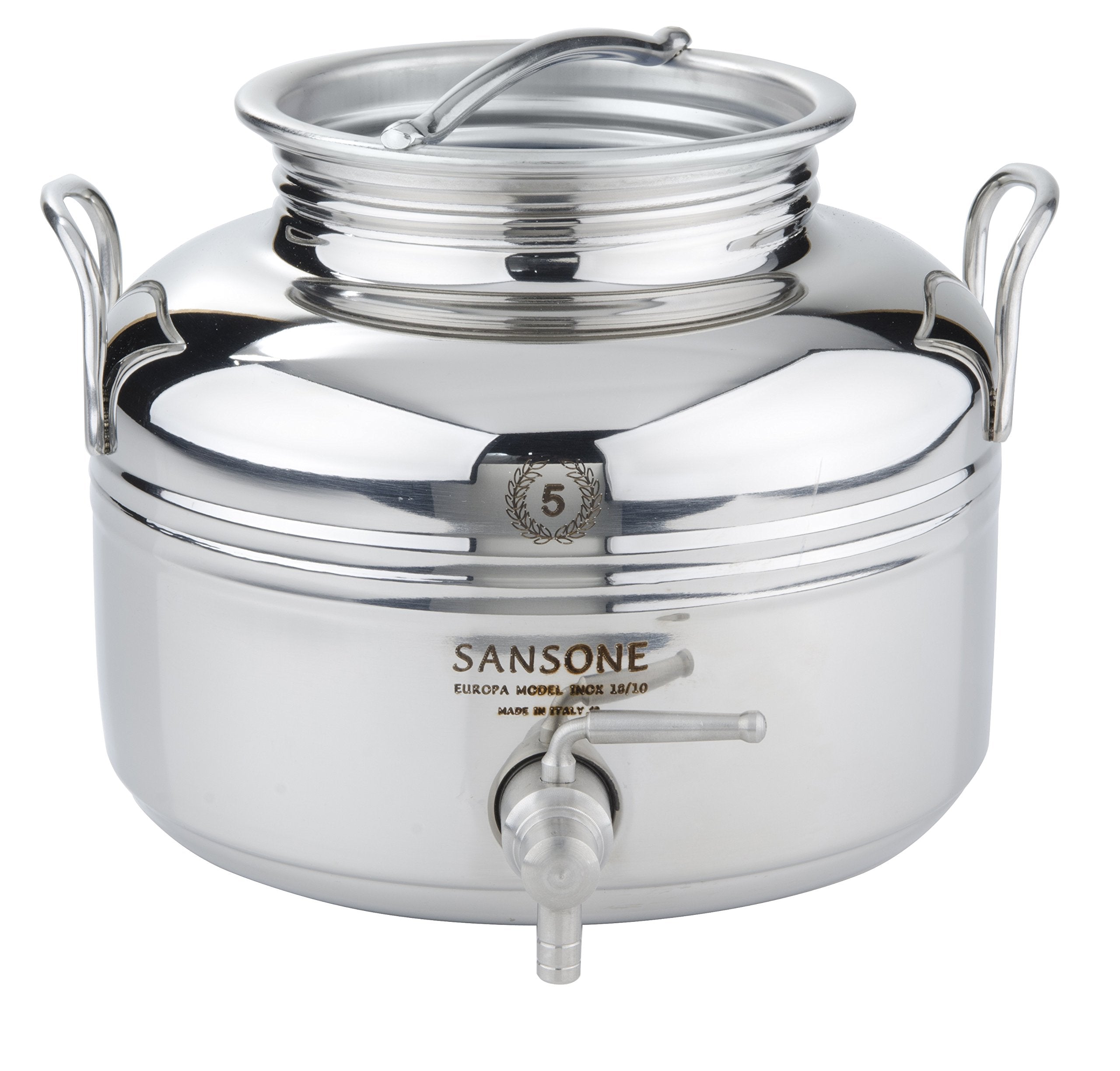 Sansone Stainless Steel Water Dispenser Container With Spigot, 132 Gallon, 5 Liter, Silver