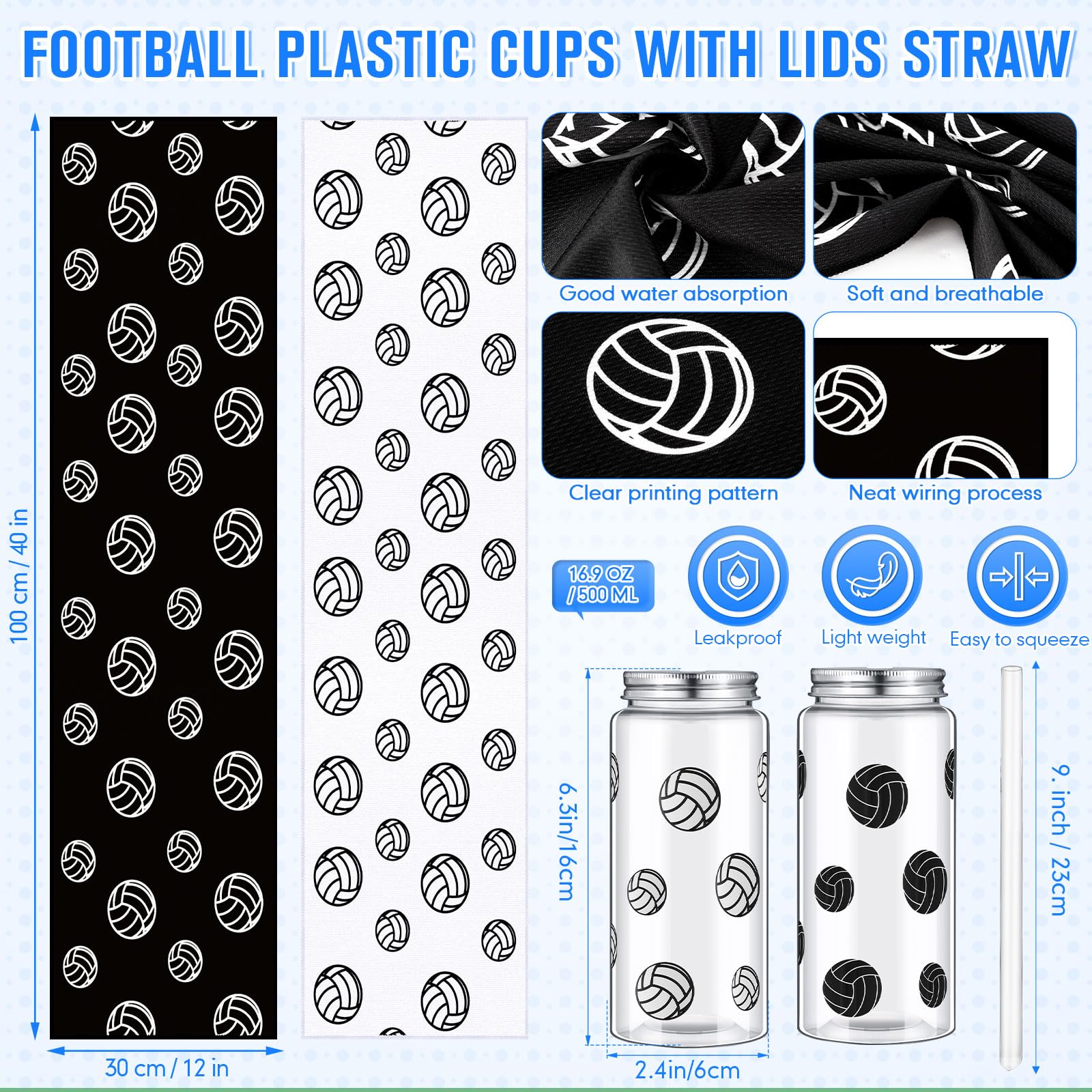 SmoothNovelty 24 Pack Volleyball Party Favor Include 12 Volleyball Cooling Towels 12 Sport Plastic Cups with Straw and Lid Clear