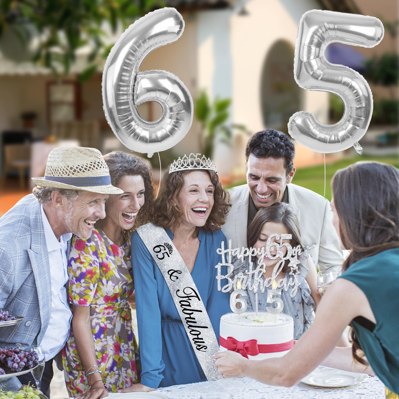 65th Birthday Decorations for Women Silver with 65th Birthday Sash and Tiara, Cake Topper and Candles, Silver Number Balloons, 6