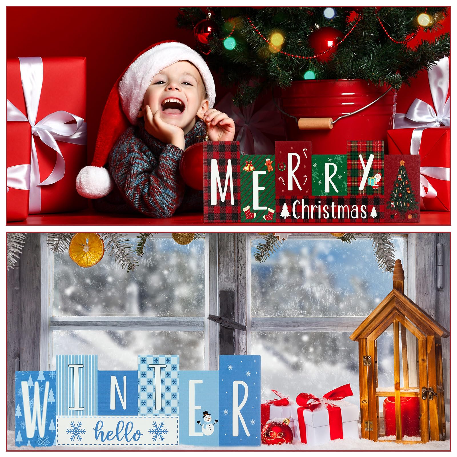 Purpeak Reversible Christmas Wooden Table Sign Double Side Table Centerpieces Xmas Tabletop Sign Merry Christmas Hello Winter Wo