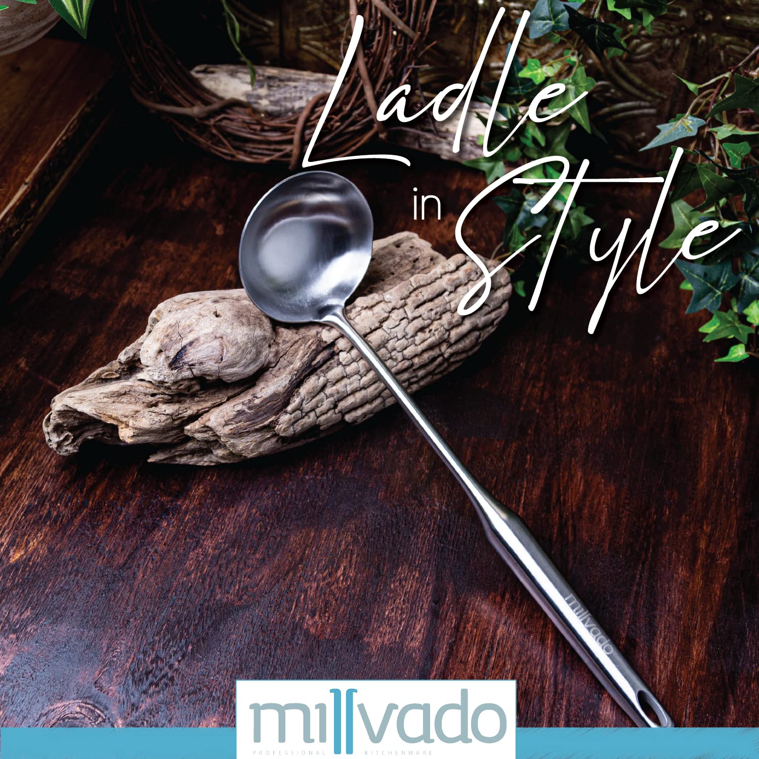 Millvado Ladle, Stainless Steel Soup Ladle, Metal Ladle For Serving Or Cooking Hot Soup, Dishwasher Safe, Heavy-Duty Cookware An
