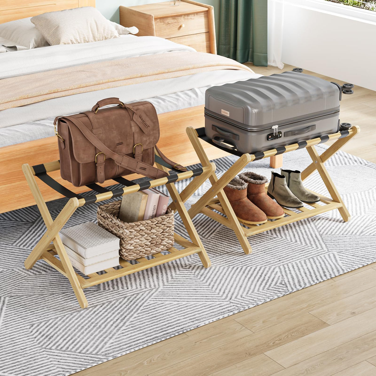 Smuxee Fully Assembled Luggage Rack Pack Of 2, Upgraded Bamboo Foldable Suitcase Stand With 5 Nylon Straps, Luggage Holder With