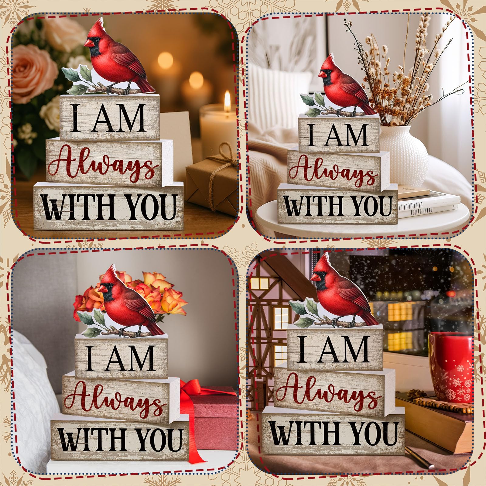 Yuntau 4 Pieces Christmas Cardinal Decorations Stacking Wooden Red Cardinal Christmas Tiered Tray Decor I Am Always with You Sig