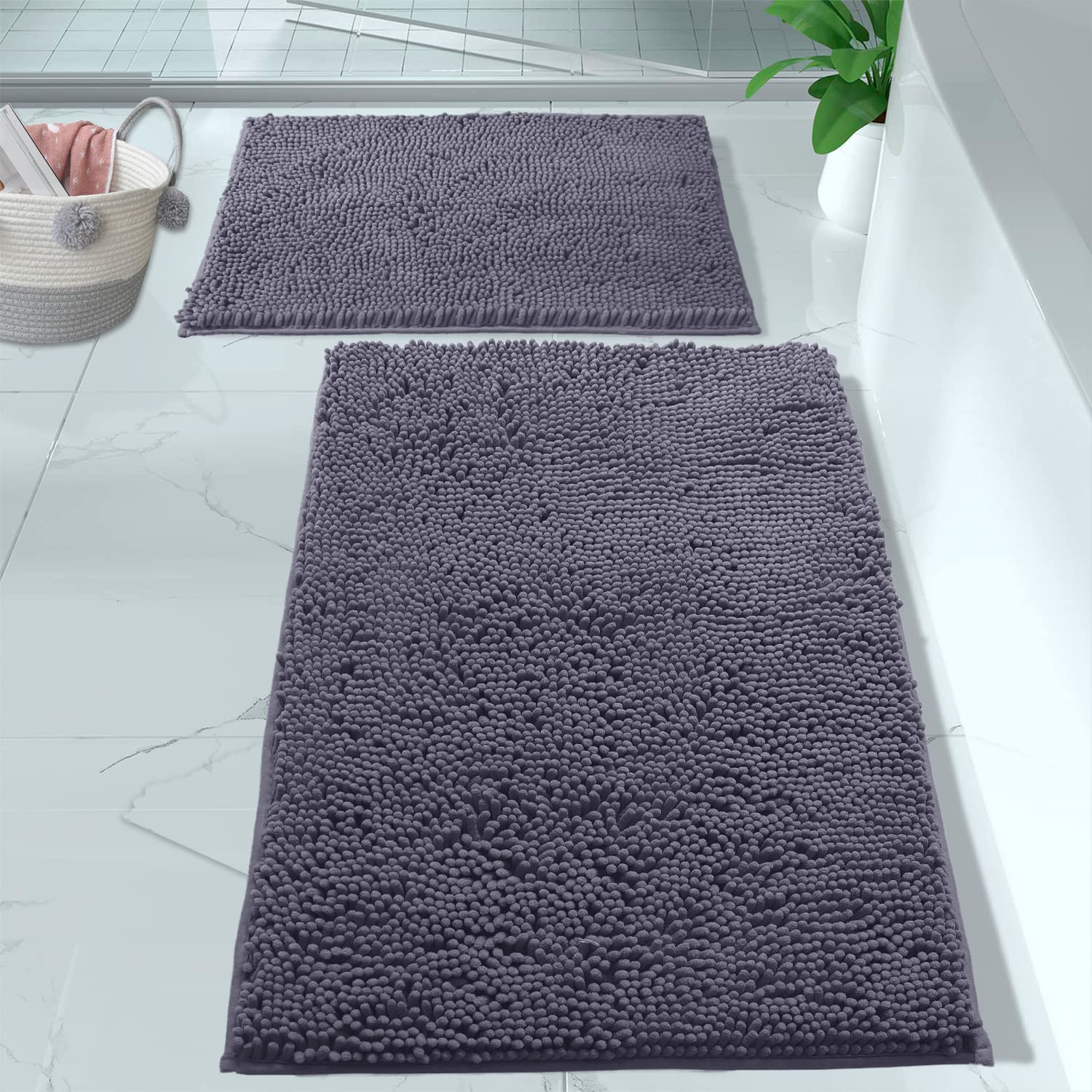 Luxurux 2 Piece Bathroom Rug Set - Premium Plush Bath Mat Shower Rugs, 1'' Chenille Microfiber, Non-Slip & Absorbent, Soft & Coz