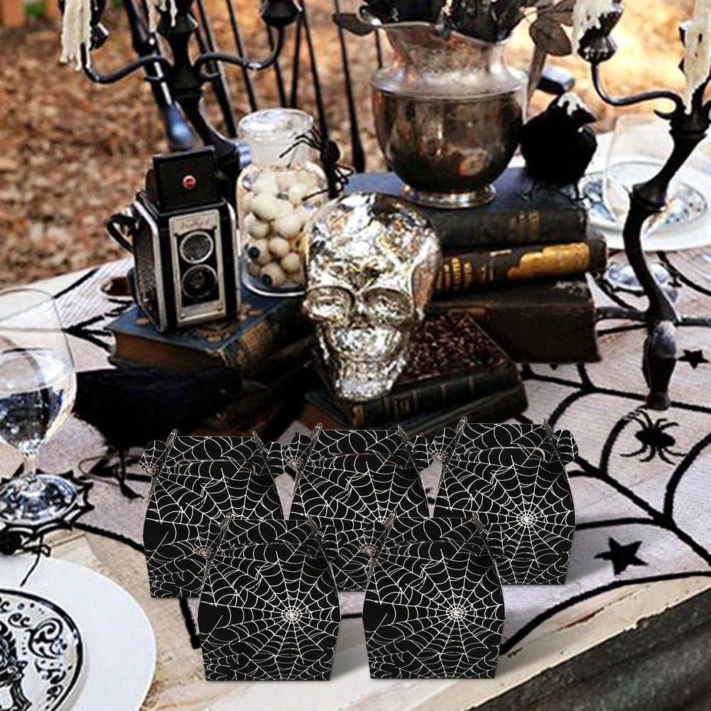Hooqict 24Pcs Halloween Favor Boxes Paper Black Spider Web Gift Bags Halloween Treat Boxes For Halloween Kids Birthday Decoratio