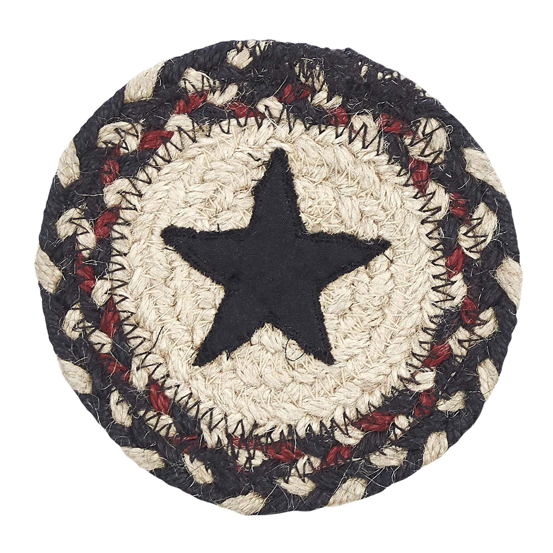Vhc Brands Colonial Star Coasters, Tan Black Red Stars, Jute Blend, Round Circle, Set Of 6 Coasters