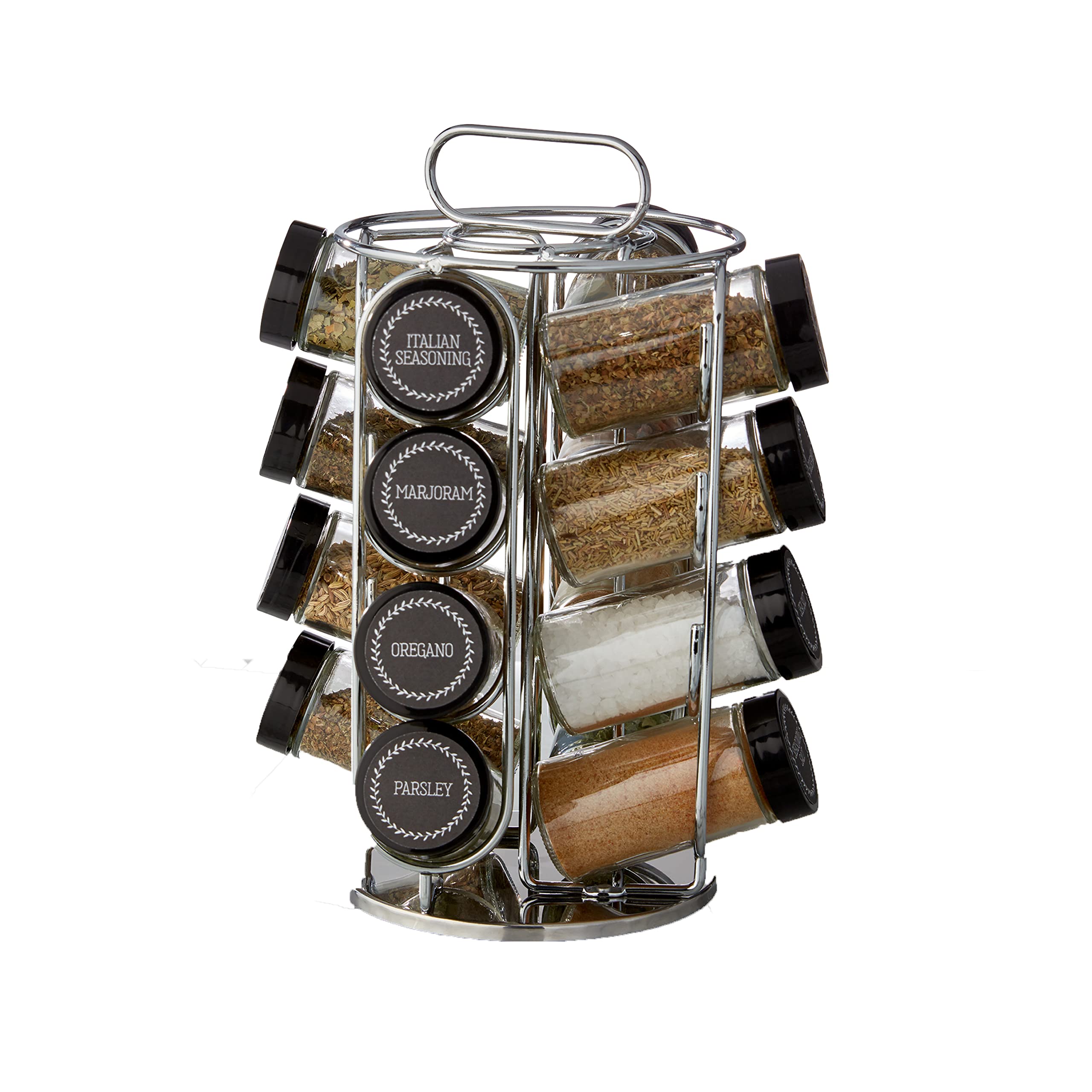 Kamenstein 16 Jar Montauk Revolving Countertop Spice Rack Organizer with Spices Included, FREE Spice Refills for 5 Years, Chrome