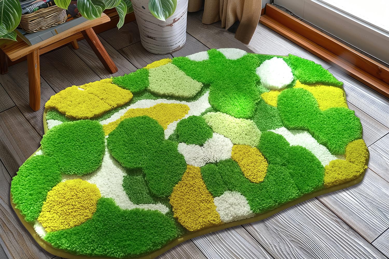 Cute Yellow Green Moss Shag Bathroom Rugs Leaf Bath Mats For Bathroom Decor Aesthetic Leaves Soft Non Slip Washable Aabsorbent F