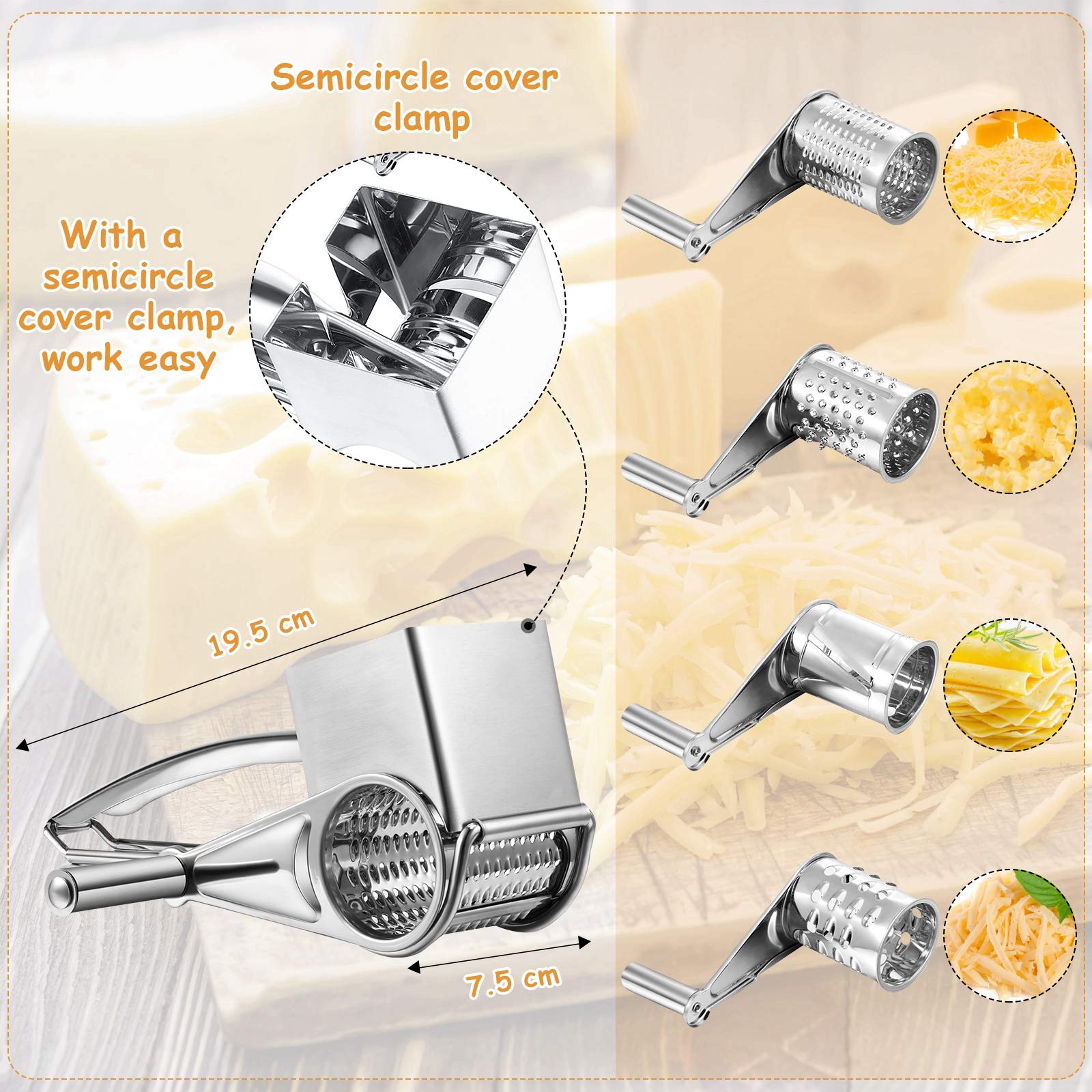 Honoson Stainless Steel Rotary Grater Handheld Rotary Grater Handheld Rotating Cheese Grater Cheese Cutter Slicer Shredder With