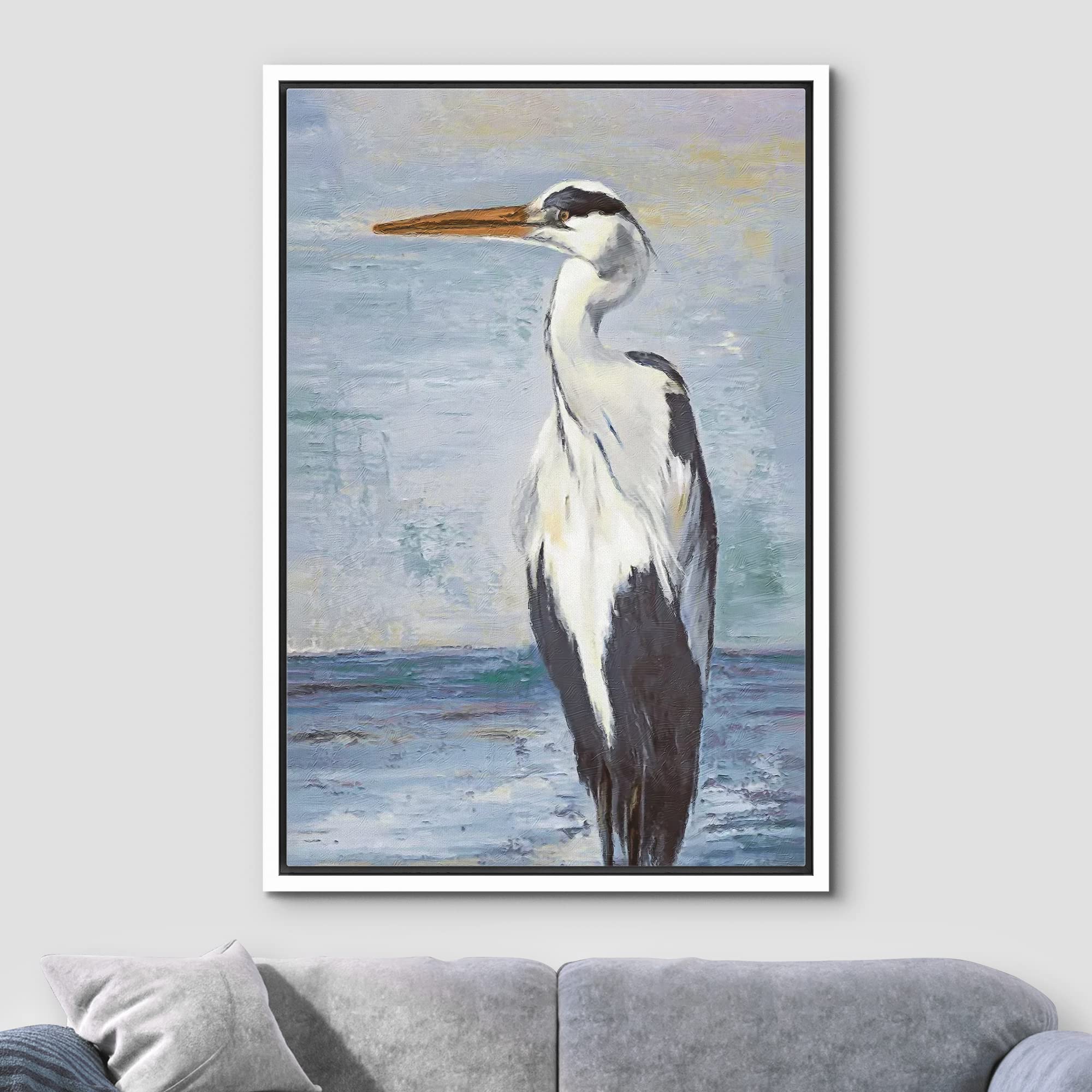 Wall26 Framed Canvas Print Wall Art Blue Beach Wave Ocean Sea Crane Bird Nature Wilderness Illustrations Modern Art Decorative R