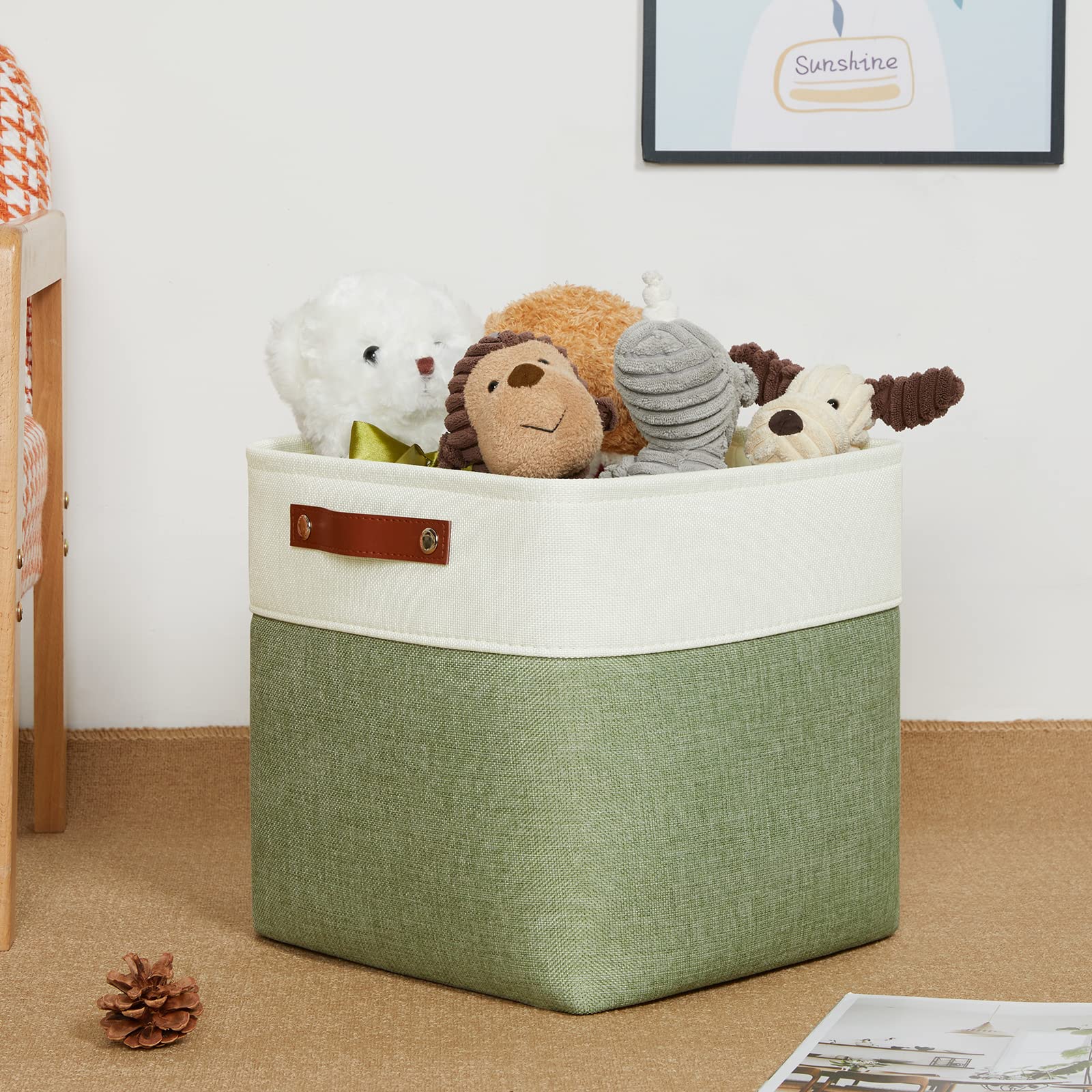 DULLEMELO Storage Basket  Linen Closet Organizers and Storage Baskets for Home Office  Suitable as Dog Toy Box  Baby Gift Basket  4 Pieces 12x12 Decorative Cube Storage Bins(4 Pack - 12 '' White&Green)