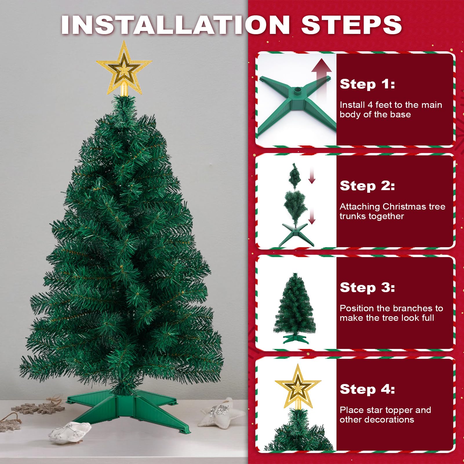 3ft Artificial Christmas Tree with Gold Tree Topper Star, Mini Xmas Pine Tree with 4-Leg Stable Plastic Base, Small Tabletop Chr