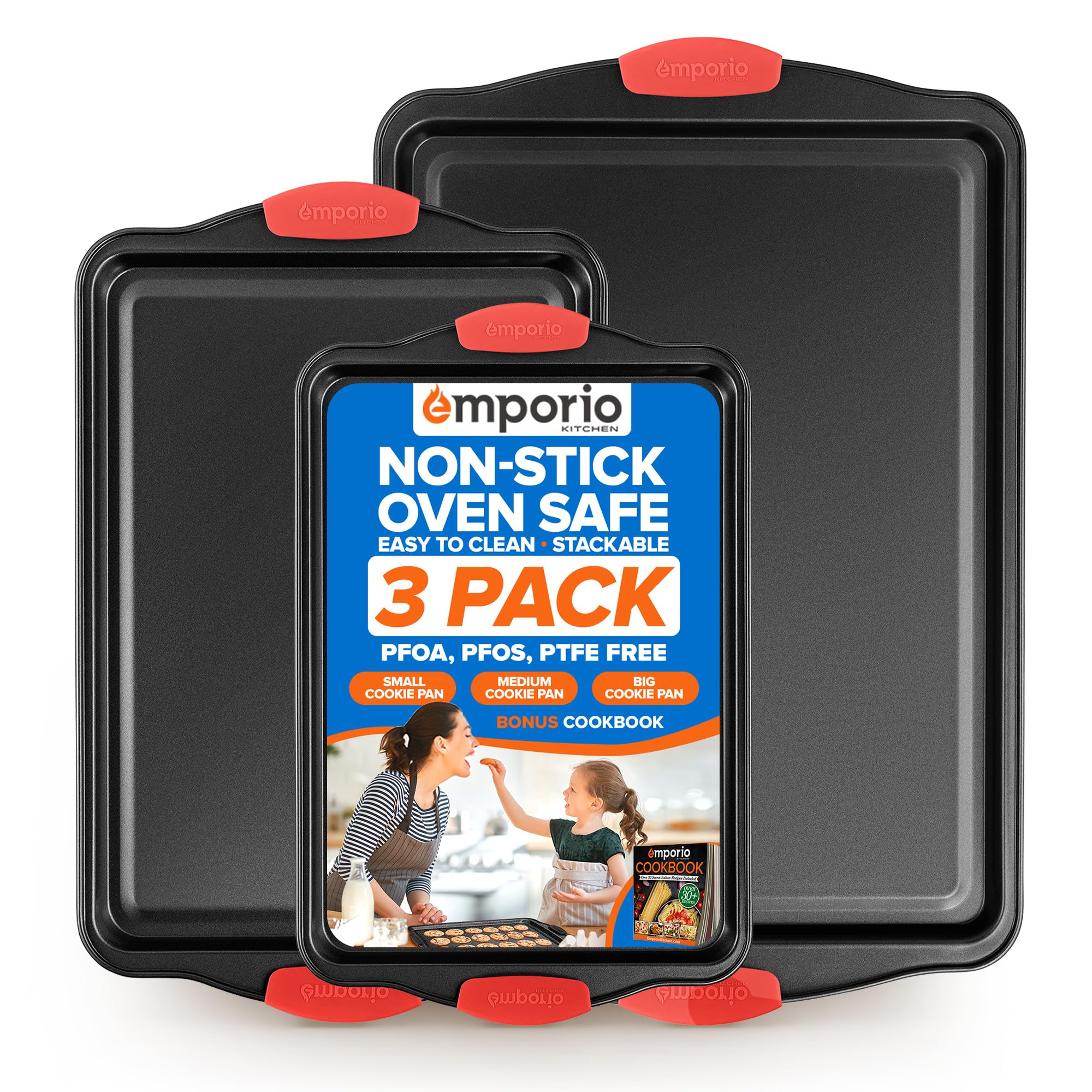 Emporio Kitchen Baking Pan Set  Nonstick Coating, Carbon Steel Bakeware Set with Red Silicone Handles, PFOA, PFOS, PTFE Free, R