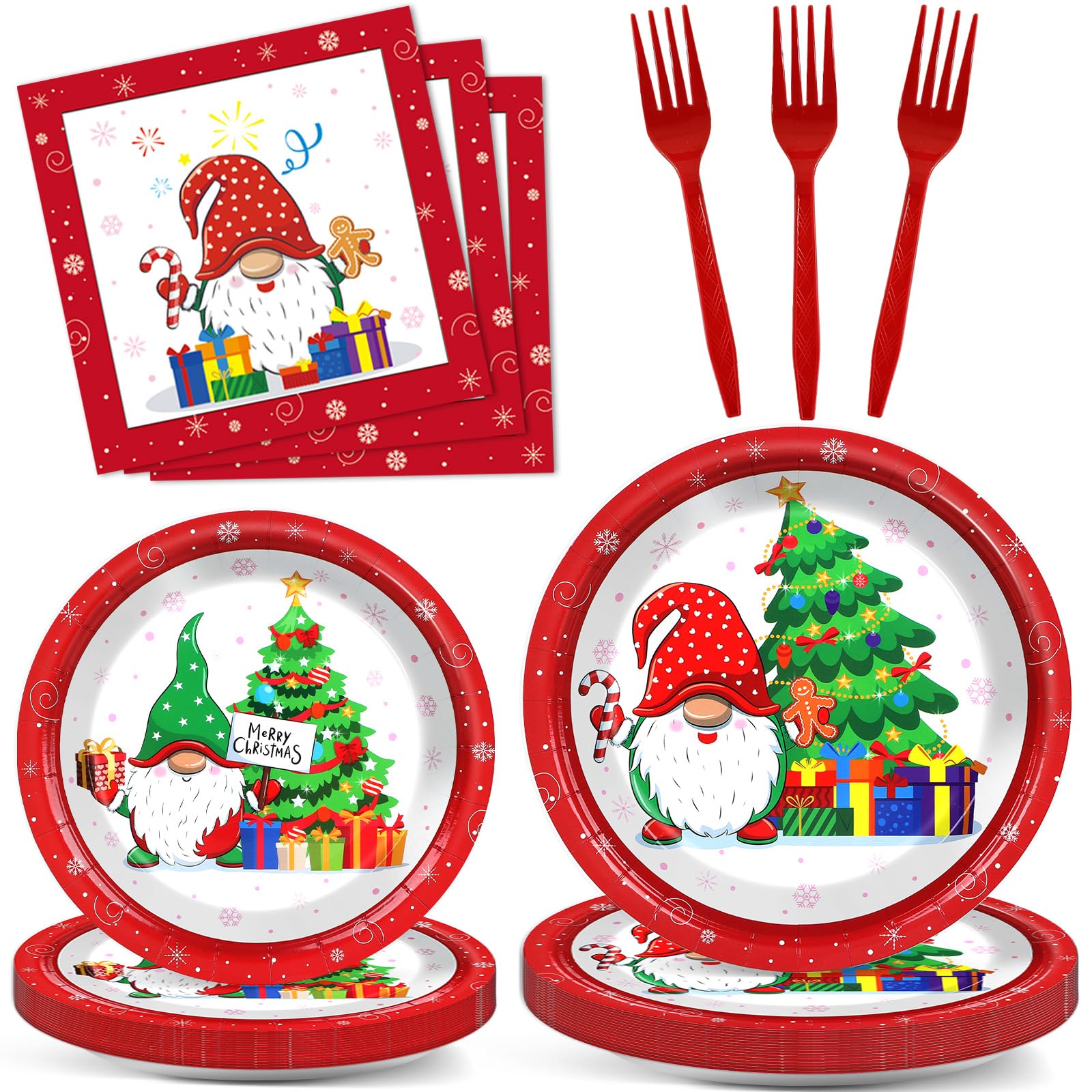 Gisgfim 96 Pcs Christmas Party Supplies Paper Plates Napkins Merry Christmas Tree Gnome Party Disposable Tableware Set Decoratio