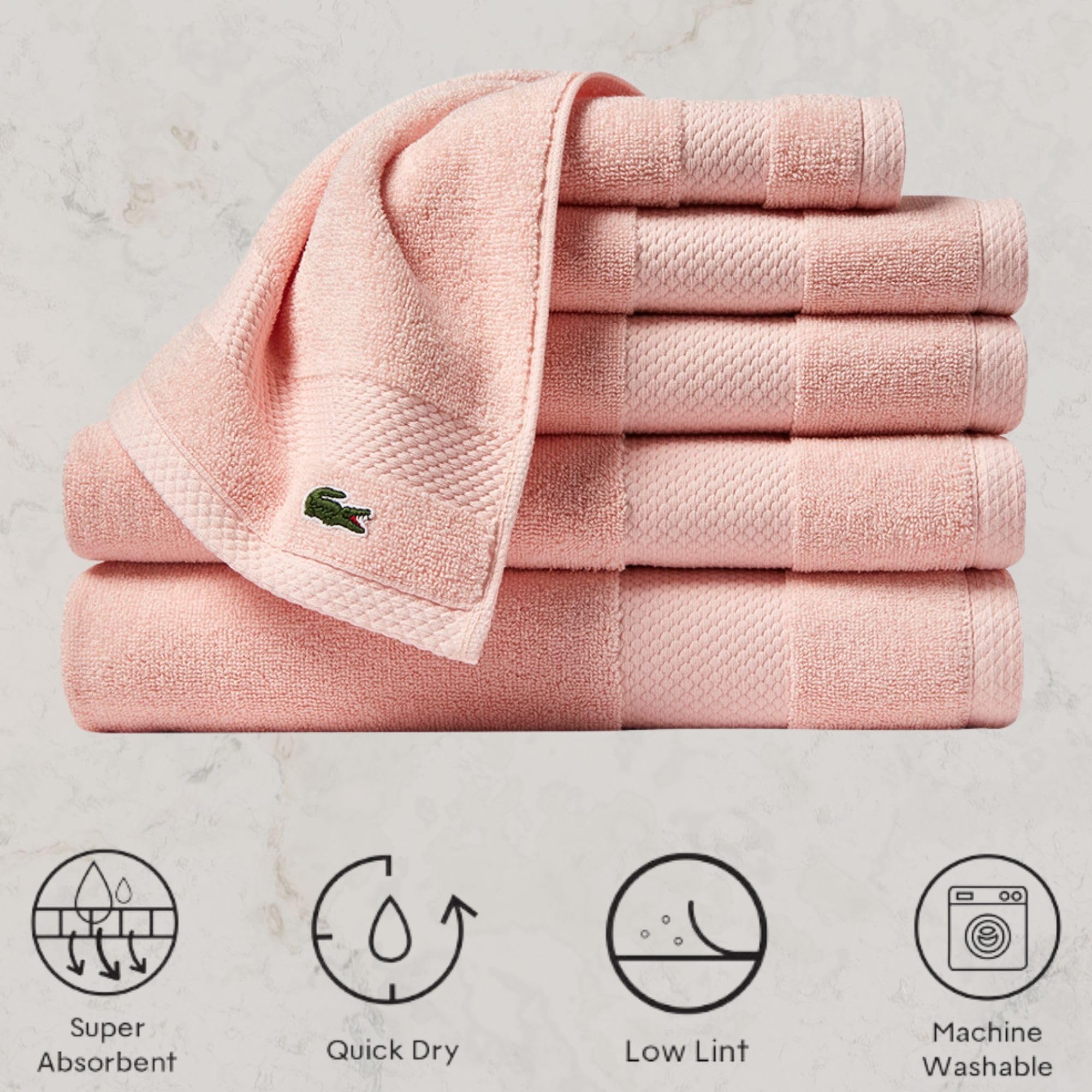 Lacoste Heritage Supima Cotton 6-Piece Towel Set, 2 Bath Towels, 2 Hand Towels, 2 Washcloths, Light Pink