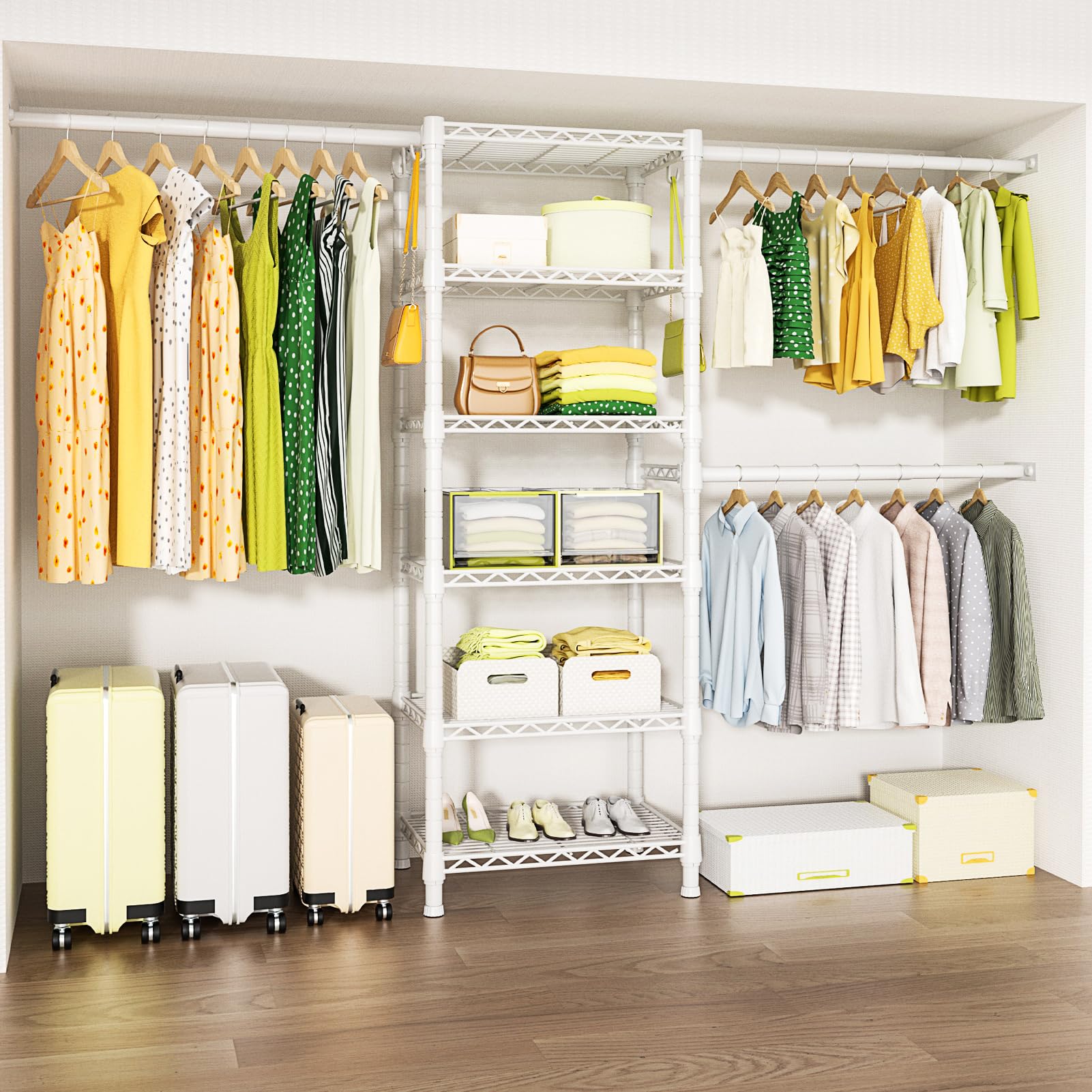 Ulif M5 Wall Mounted Clothes Garment Rack, Heavy Duty Closet Storage And Organizer With 6 Shelves And 3 Expandable Hanger Rods,