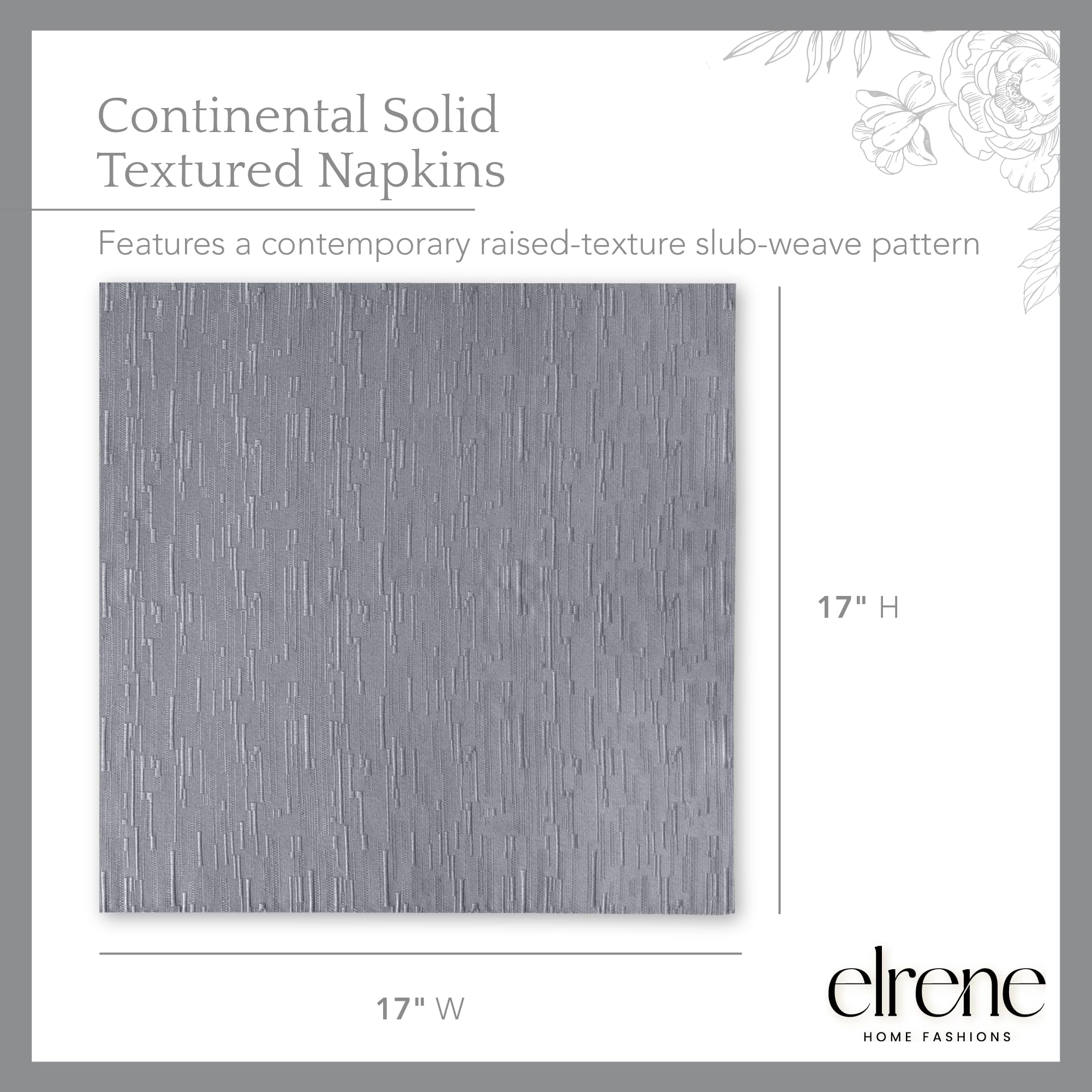Elrene Home Fashions Continental Solid Texture Water And Stain Resistant Fabric Dining Napkins, Set Of 4, 17''X17'', Gray