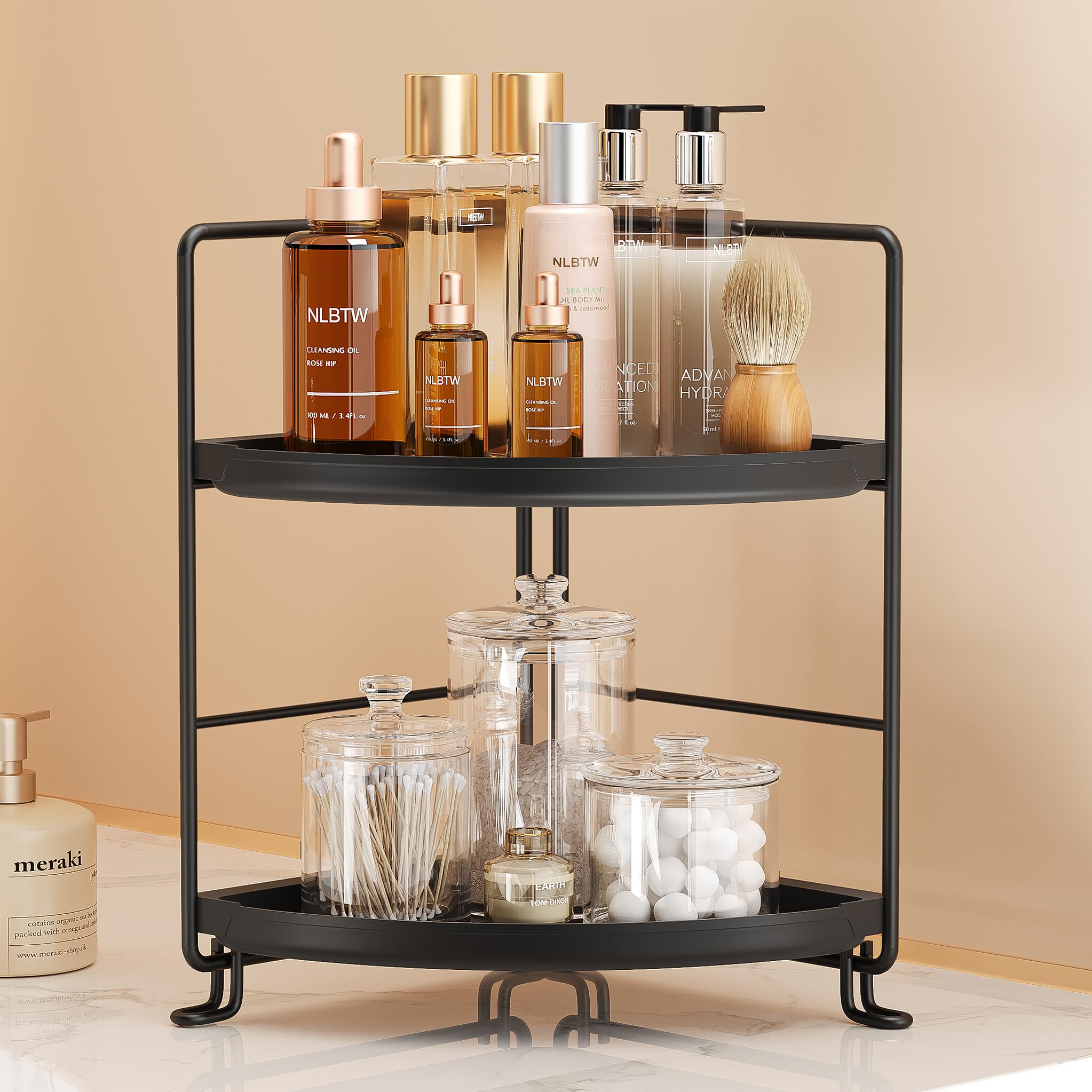 NLBTW 2 Tier Corner Bathroom Countertop Organizer, Tool-Less Installation Vanity Tray for Skincare Makeup Perfume Organizer, Sma