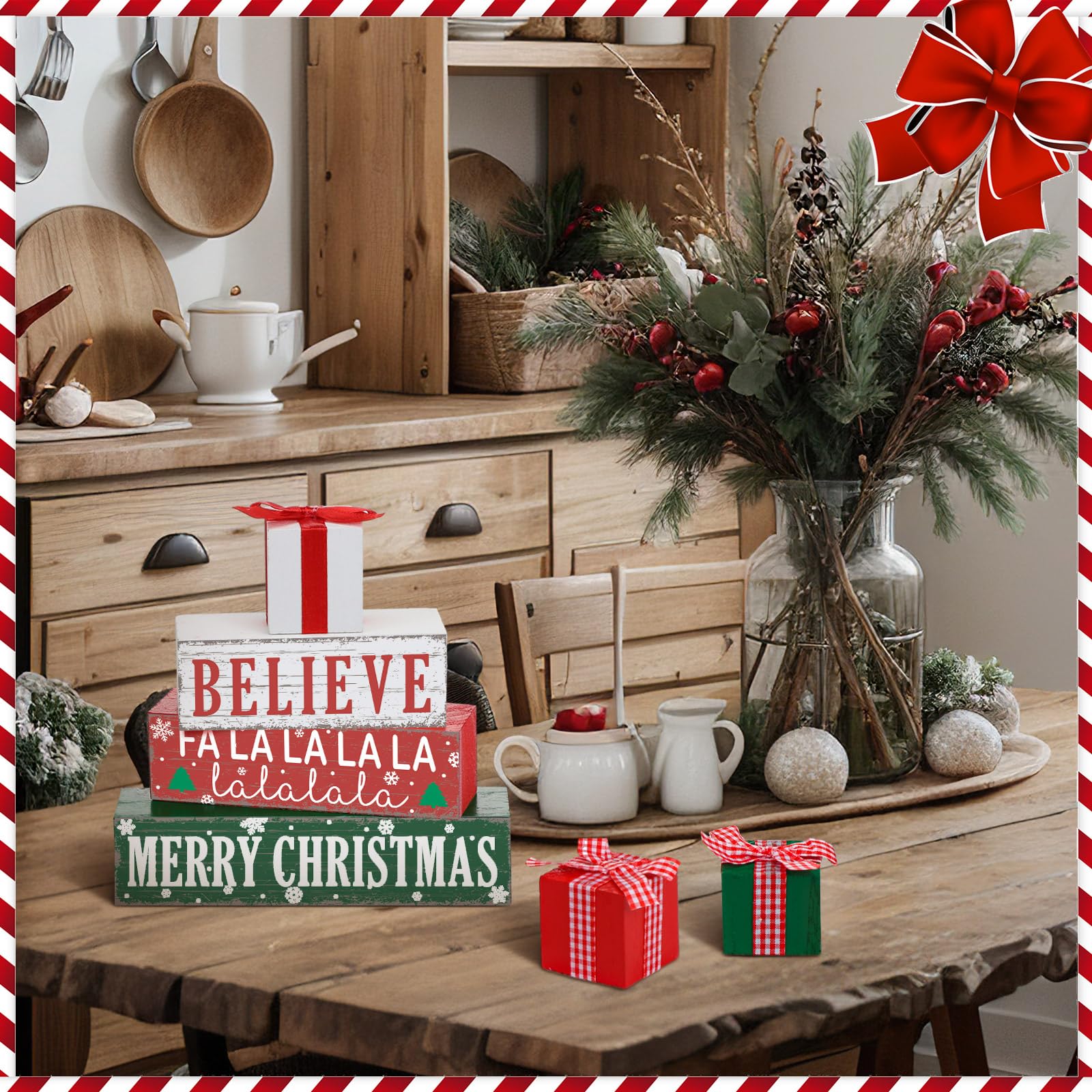 Geelin 4 Pieces Merry Christmas Wooden Table Decorations Xmas Wood Gift Boxes Decor Rustic Christmas Tiered Tray Decor Xmas Beli