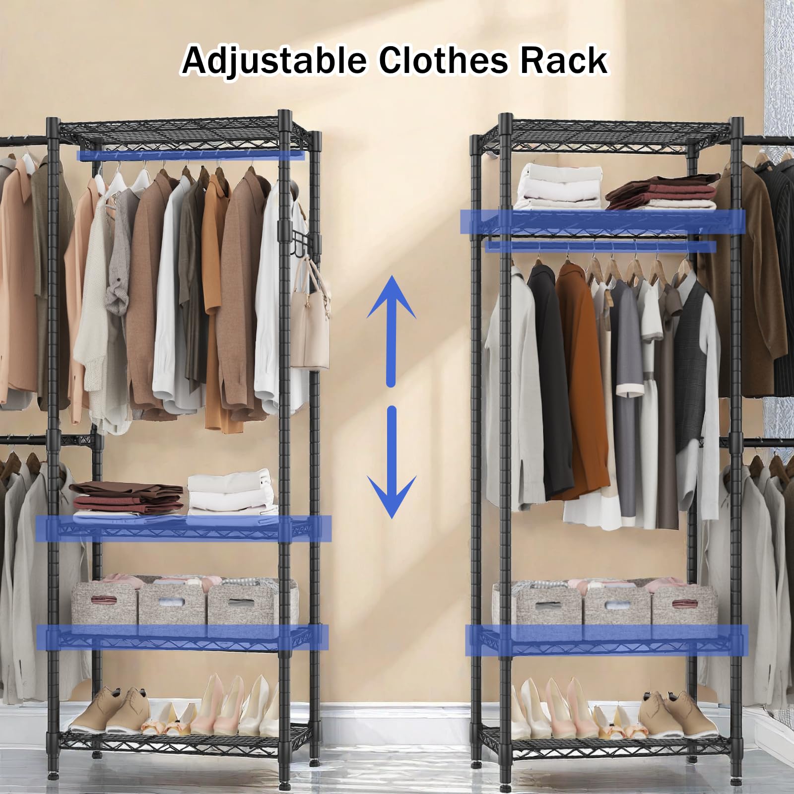 Bathwa Adjustable Heavy Duty Wardrobe Closet Organizer - Expandable Metal Clothing Rack With 4 Hanging Rods, 6 Shelves, And 4 Ha