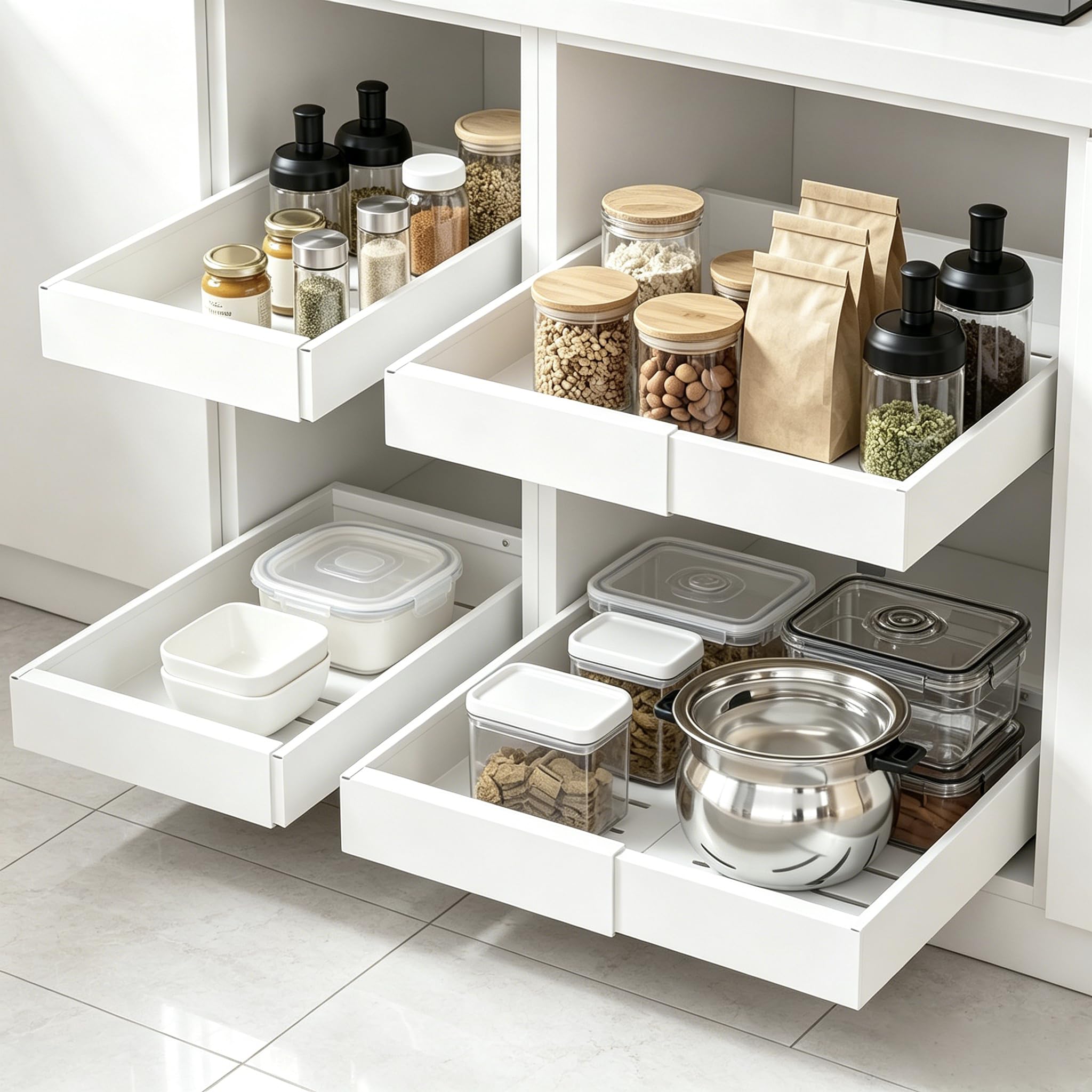 DEKAVA 4 Pack Pull Out Cabinet Organizer Expandable, Adhesive with Nano Film, Pull Out Drawers for Cabinets in Kitchen, Pantry o