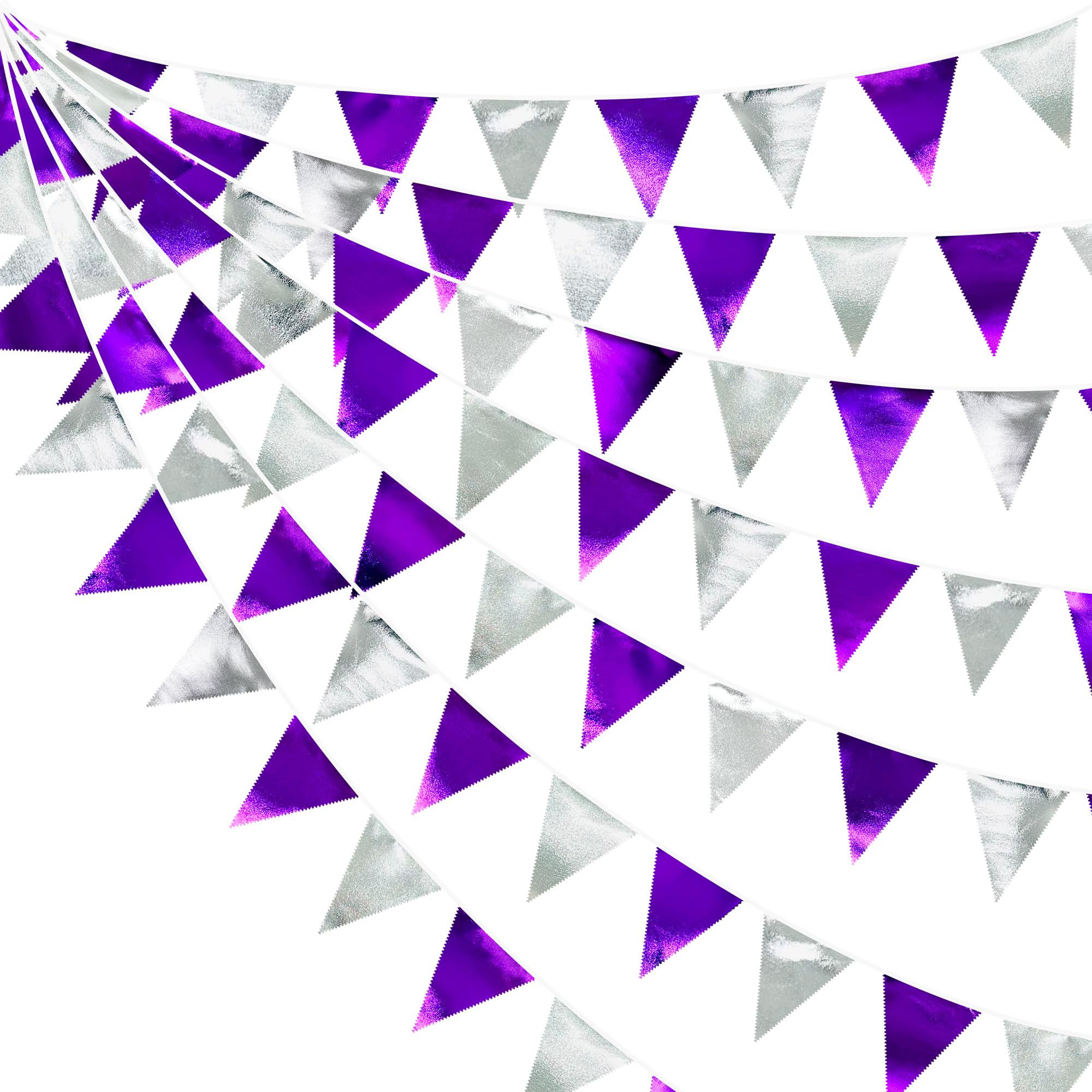 Purple And Silver Party Decorations Triangle Pennant Banner Flag Metallic Fabric Bunting Garland For Birthday Graduation Retirem