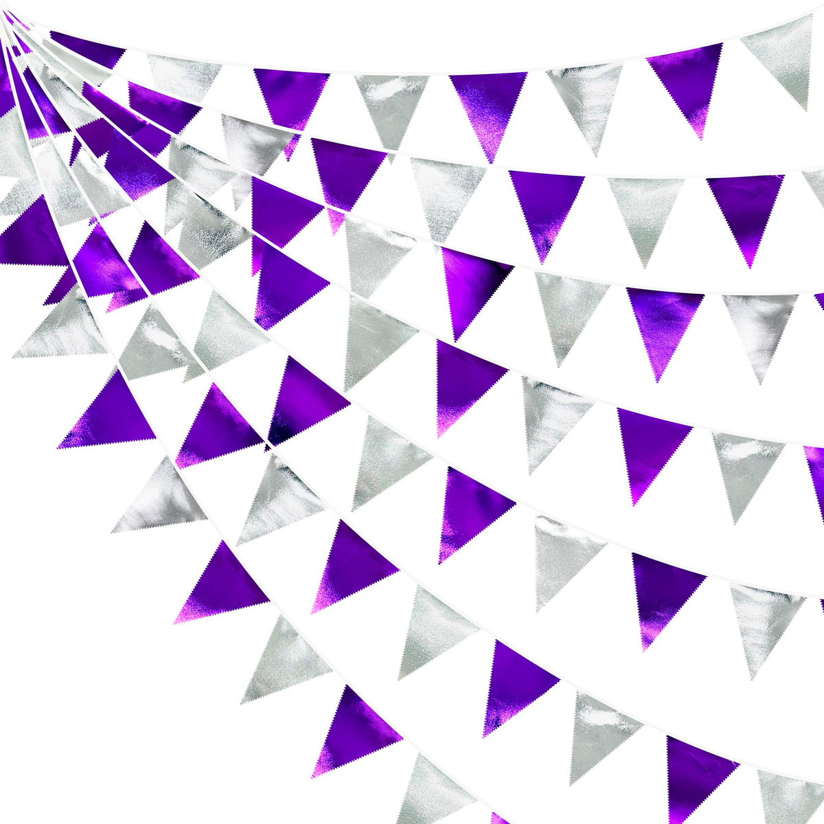 Purple And Silver Party Decorations Triangle Pennant Banner Flag Metallic Fabric Bunting Garland For Birthday Graduation Retirem