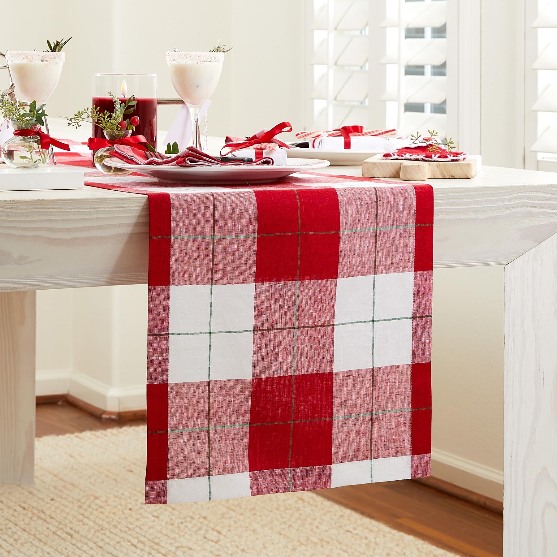 Solino Home Table Runner 60 Inch - 100% Pure Linen Very Merry Plaid Table Runner 14 X 60 Inch - Handcrafted And Machine Washable