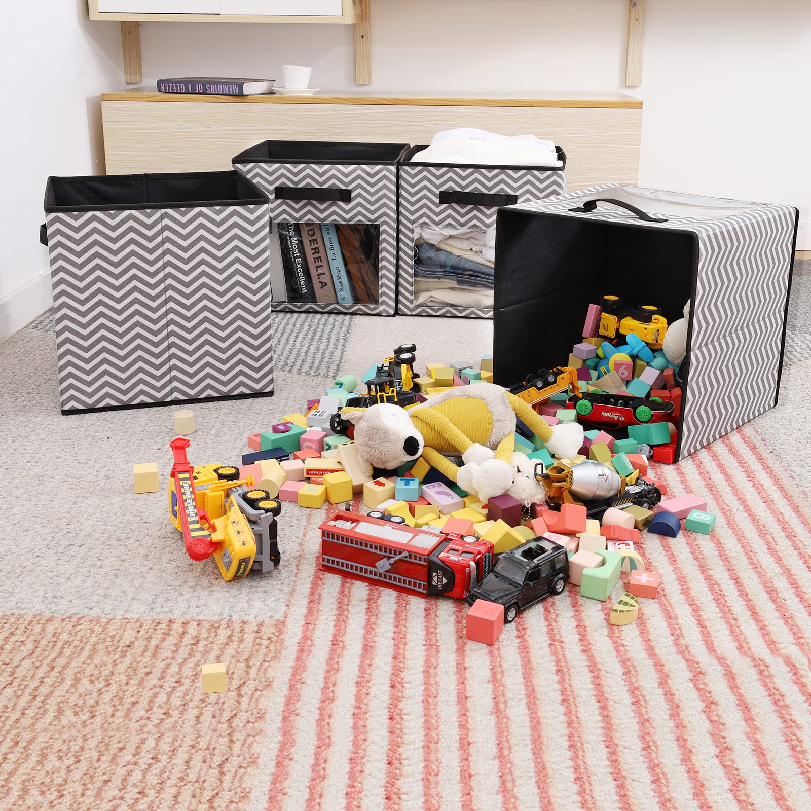Domeraax Cube Storage Bin 4 Pack With Clear Window Large Boxes Basket With Handles Fabric Closet Organizer 13'' X 13'' X 13'' Gr