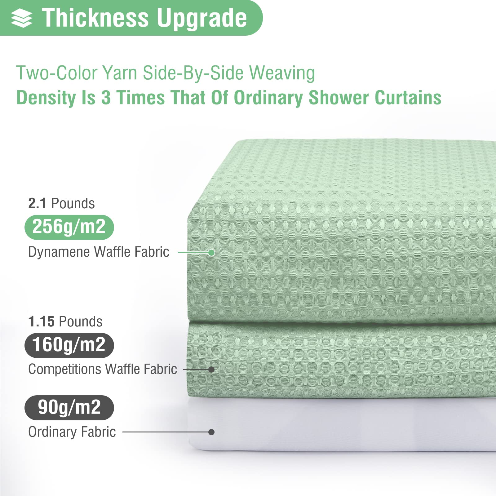 Dynamene Mint Green Fabric Shower Curtain - Waffle Weave Textured Heavy Duty Cloth Shower Curtains For Bathroom, 256Gsm Hotel Lu