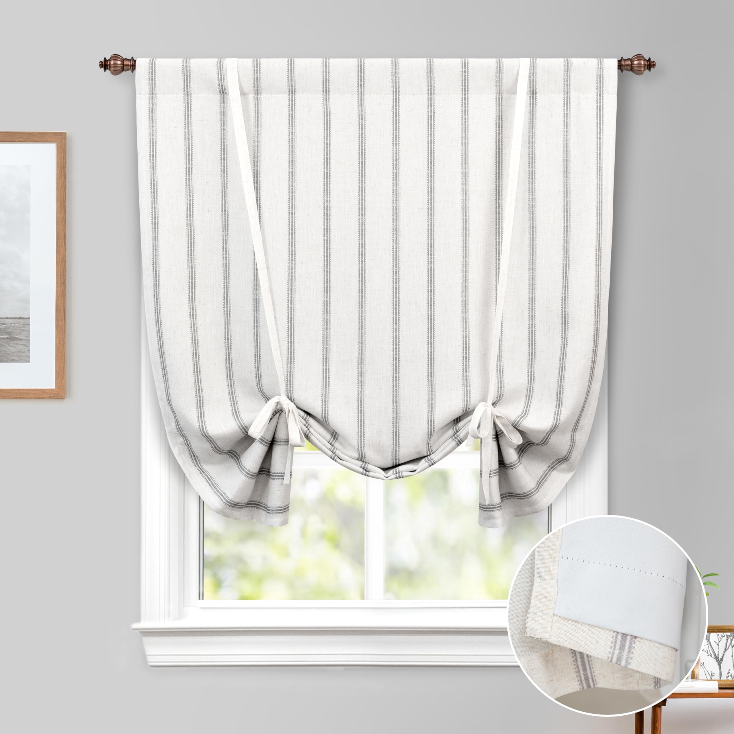 DriftAway Farmhouse Double Layer Linen Blackout Tie Up Curtains Thermal Insulated Vertical Striped Fully Lined Balloon Roman Sha