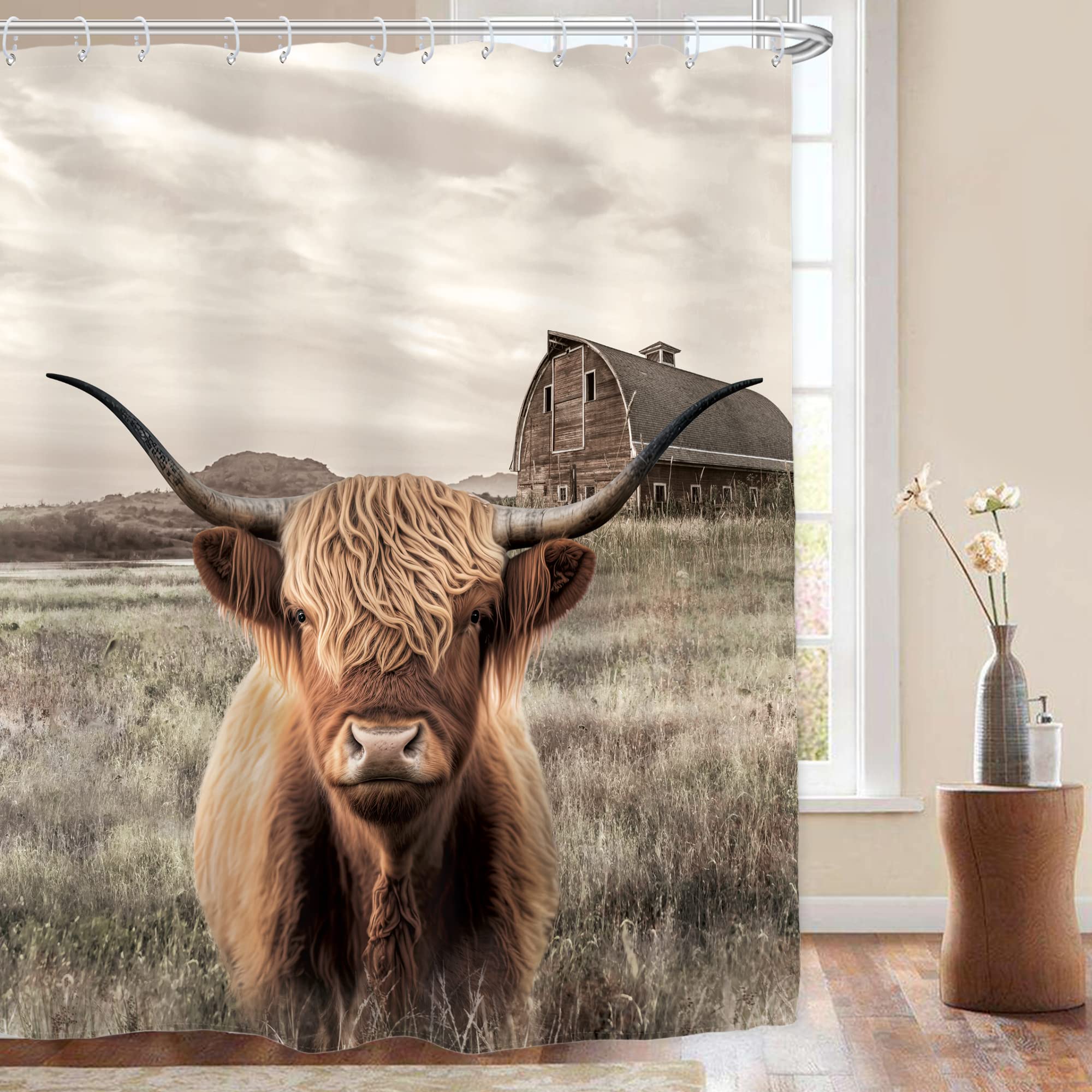 Ambzek Highland Cow Farmhouse Shower Curtain 60Wx72L Inch Rustic Bull Western Farm Animal Country Longhorn Texas Artwork Cloth F