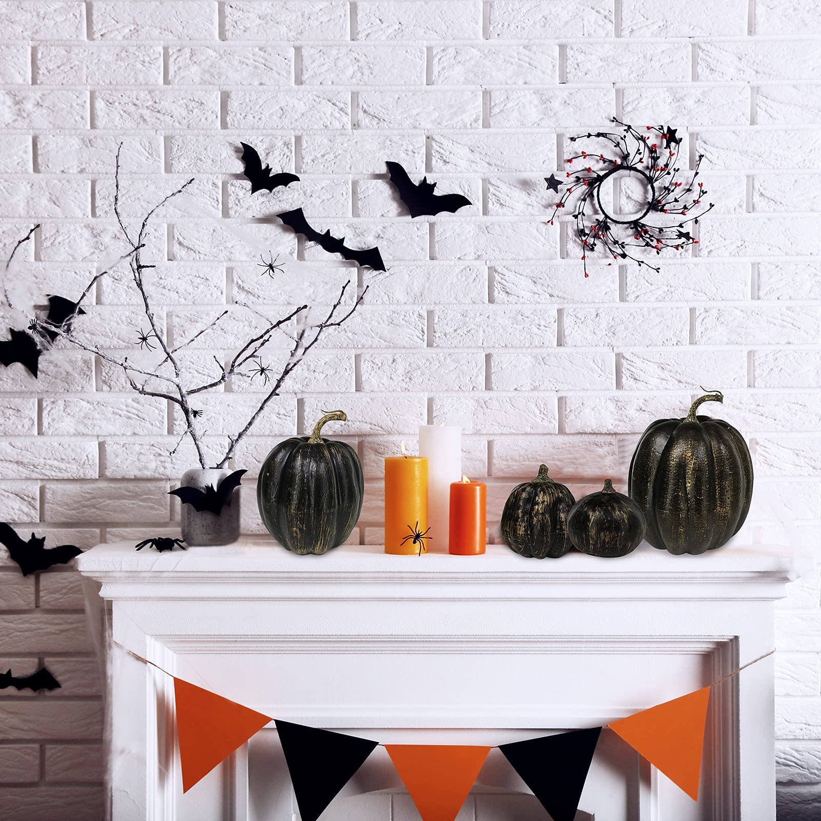 Winlyn 7 Pcs Assorted Artificial Gold Brush Black Pumpkins Rustic Decorative Halloween Faux Foam Pumpkins for Fall Halloween Tha