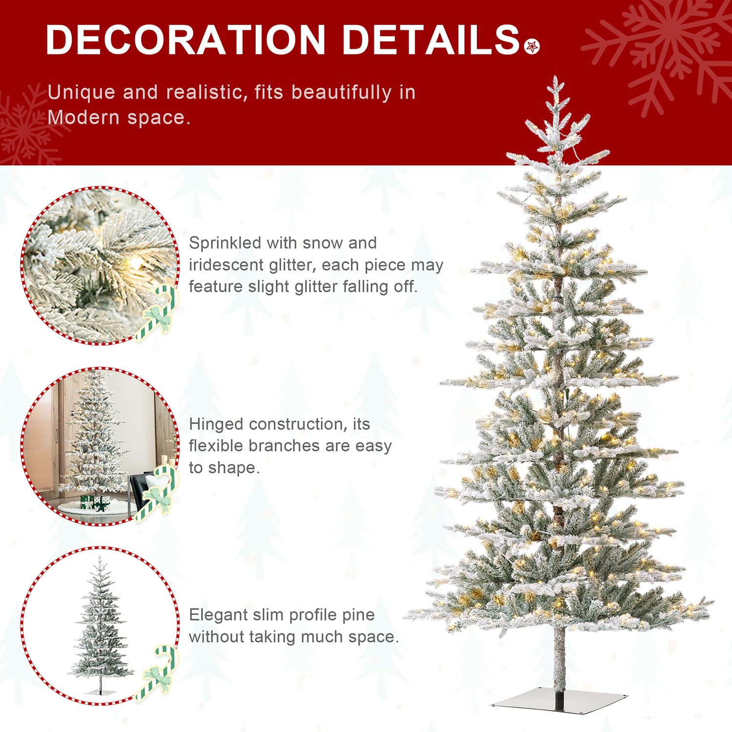 Glitzhome Christmas Tree with Lights, 8ft Deluxe Flocked Artificial Prelit Christmas TRE with 1523 PE&PVC Branch Tips, Majestic