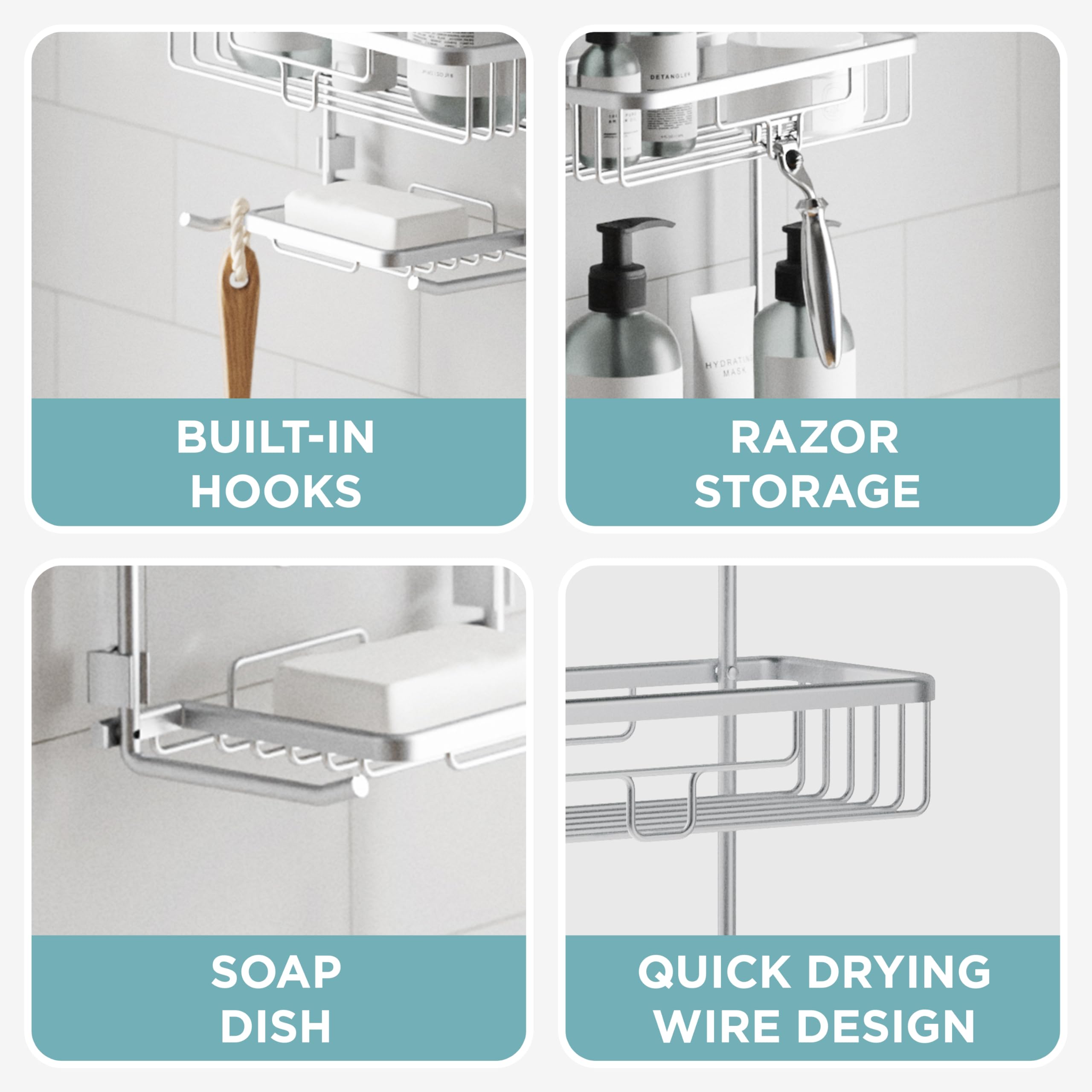 Zenna Home Hanging Shower Caddy  Over the Shower Head Bathroom Storage  Rustproof  No Drilling  Bath Organizer with 2 Shelves  Soap Tray  Razor Holders and Hooks  Satin Chrome