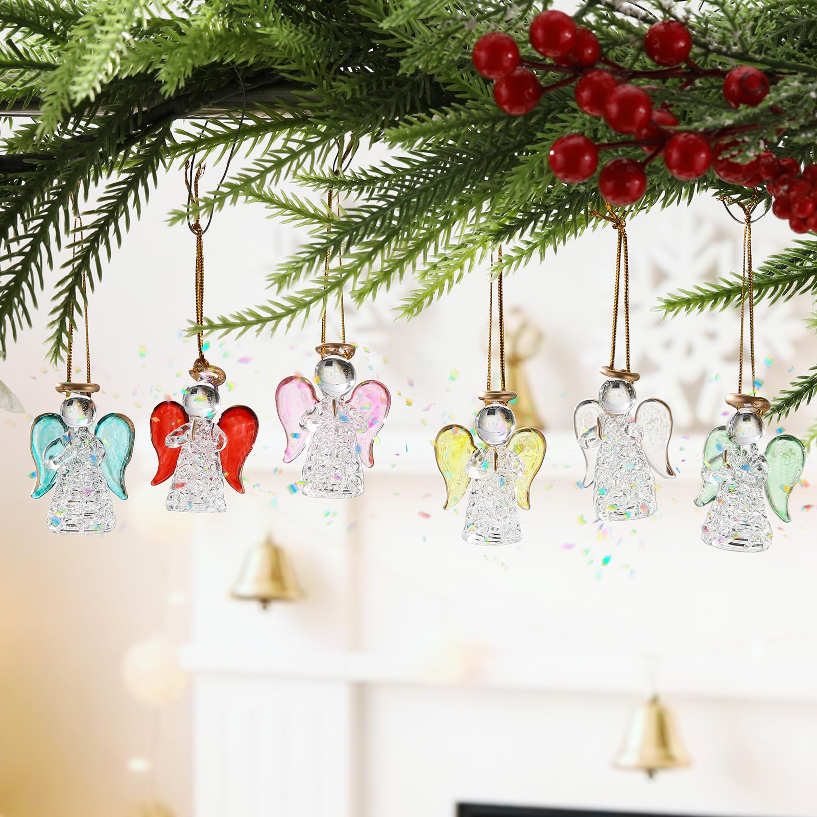 CroBlissful 6 Pcs Crystal Angel Figurines Christmas Ornaments Glass Guardian Angel Ornaments Hanging Decor Christmas Church Gift