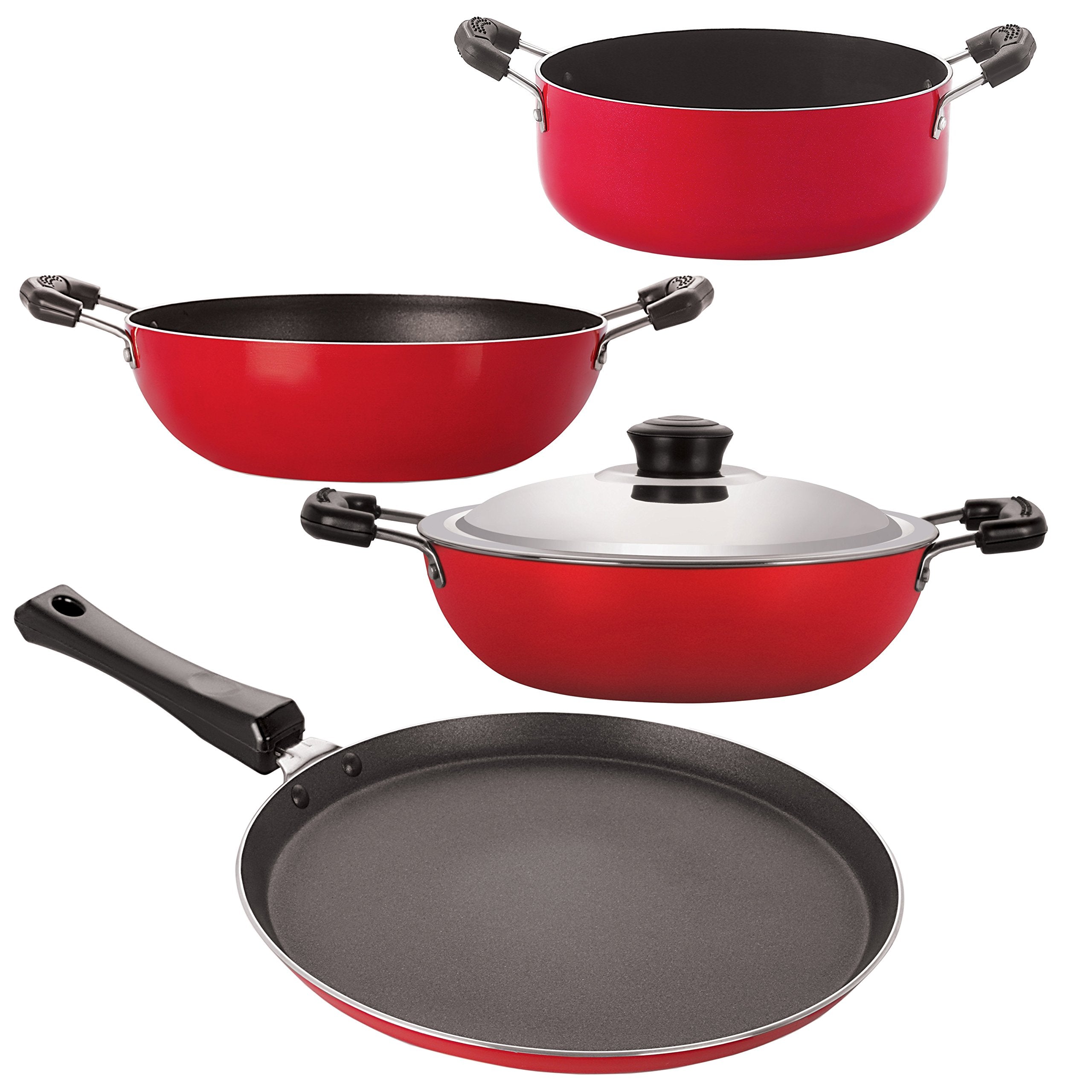 Nirlon NonStick Aluminum Cookware Set, 4Piece, Red And Black (26_Dkdm_Kd13_Ft10_Cass20)