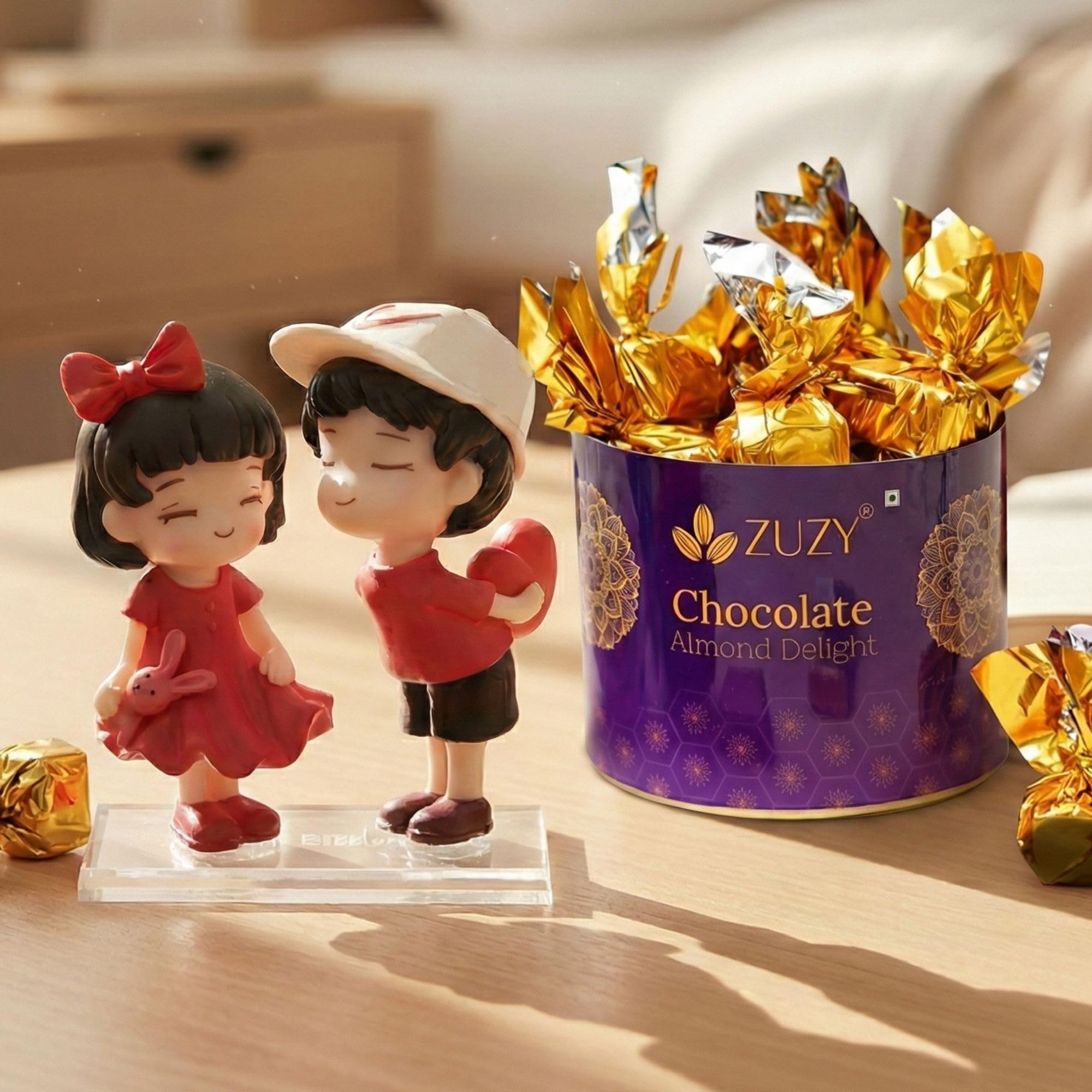 Ecraftindia Romantic Cute Couple Statue With Heart Teddy Bear Showpiece Zuzy Almond Chocolates Gift Box Home Decor Valentine Gif
